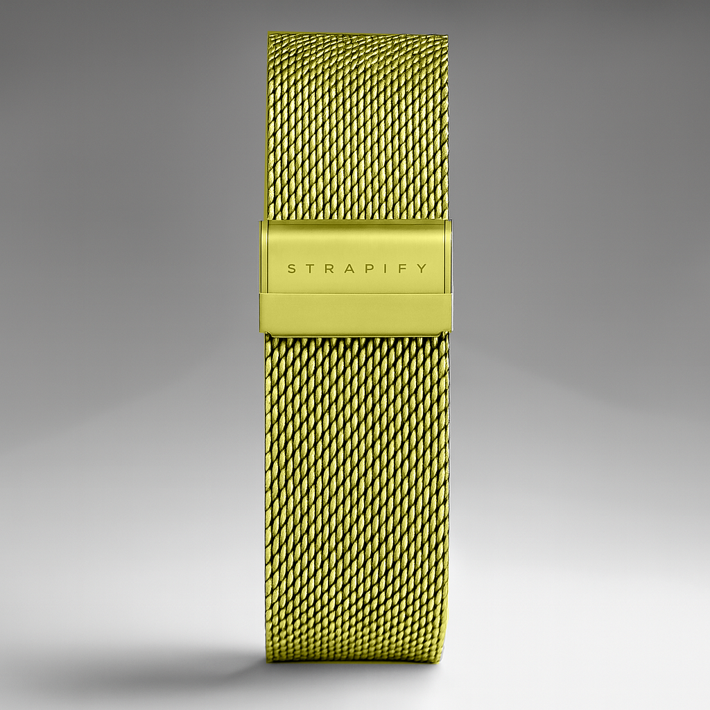 Gold mesh stainless steel Milanese watch band with quick release titanium connectors and branded clasp