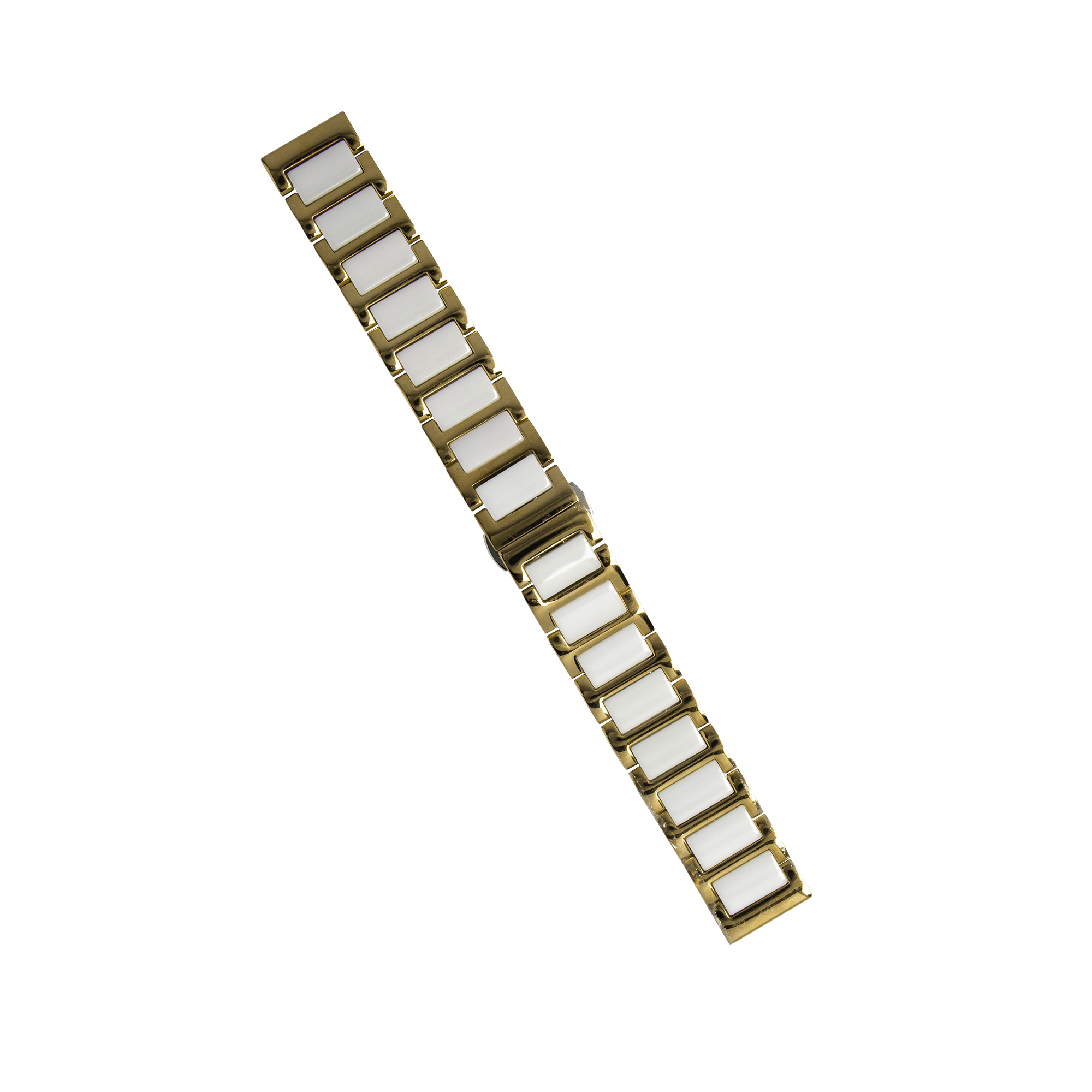 Gold and white ceramic steel quick release watch bracelet with rectangular links and deployment clasp