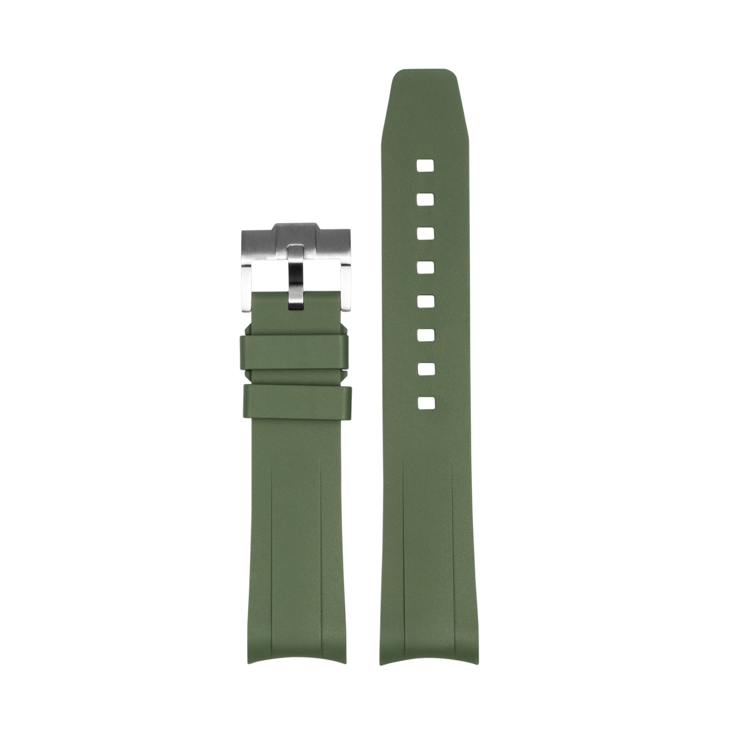 Olive green rubber watch strap with steel buckle and white square hour markers, displayed assembled and unattached