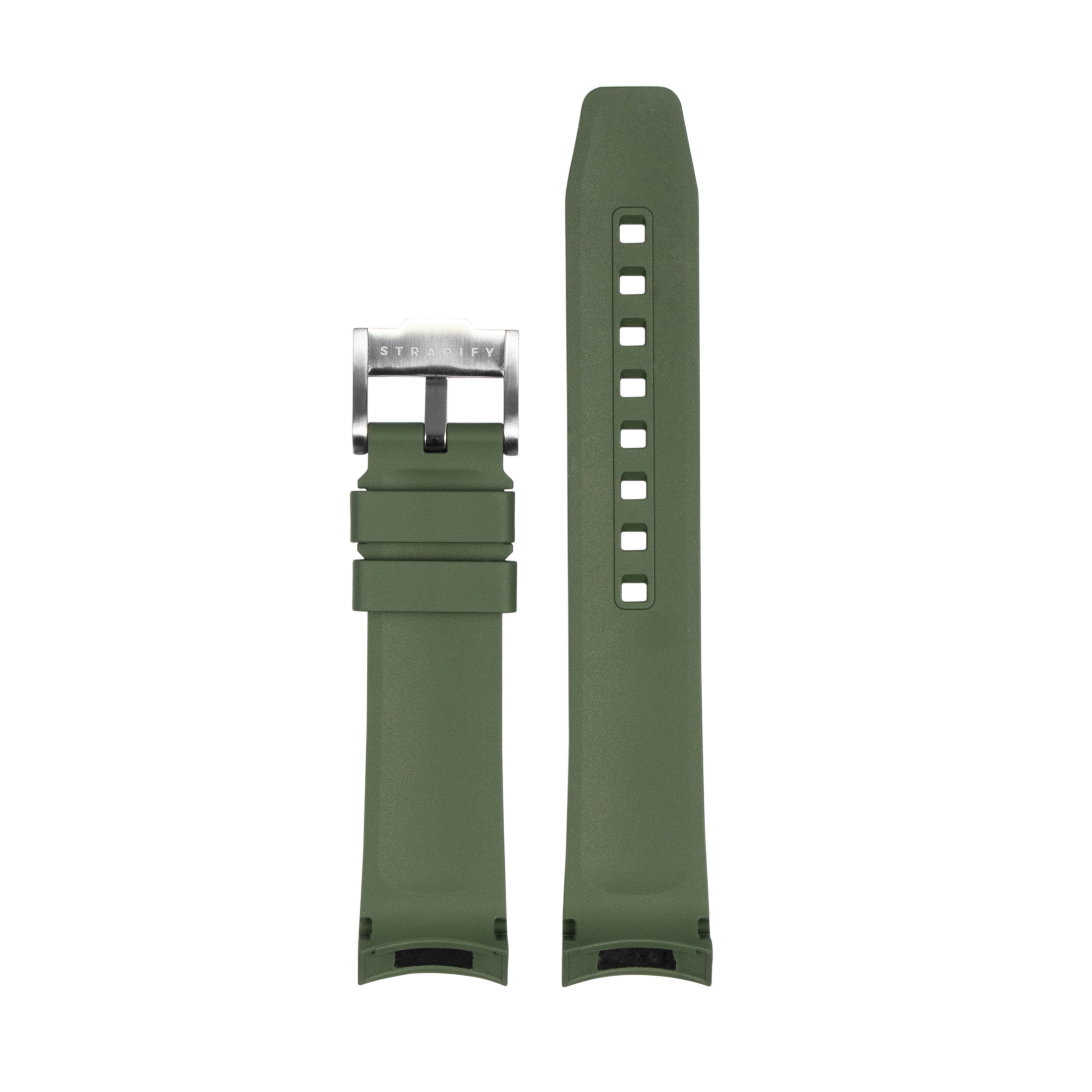 Olive green rubber watch strap with stainless steel Stradify buckle, square hole keeper, and curved lug ends for Tudor Black Bay 58
