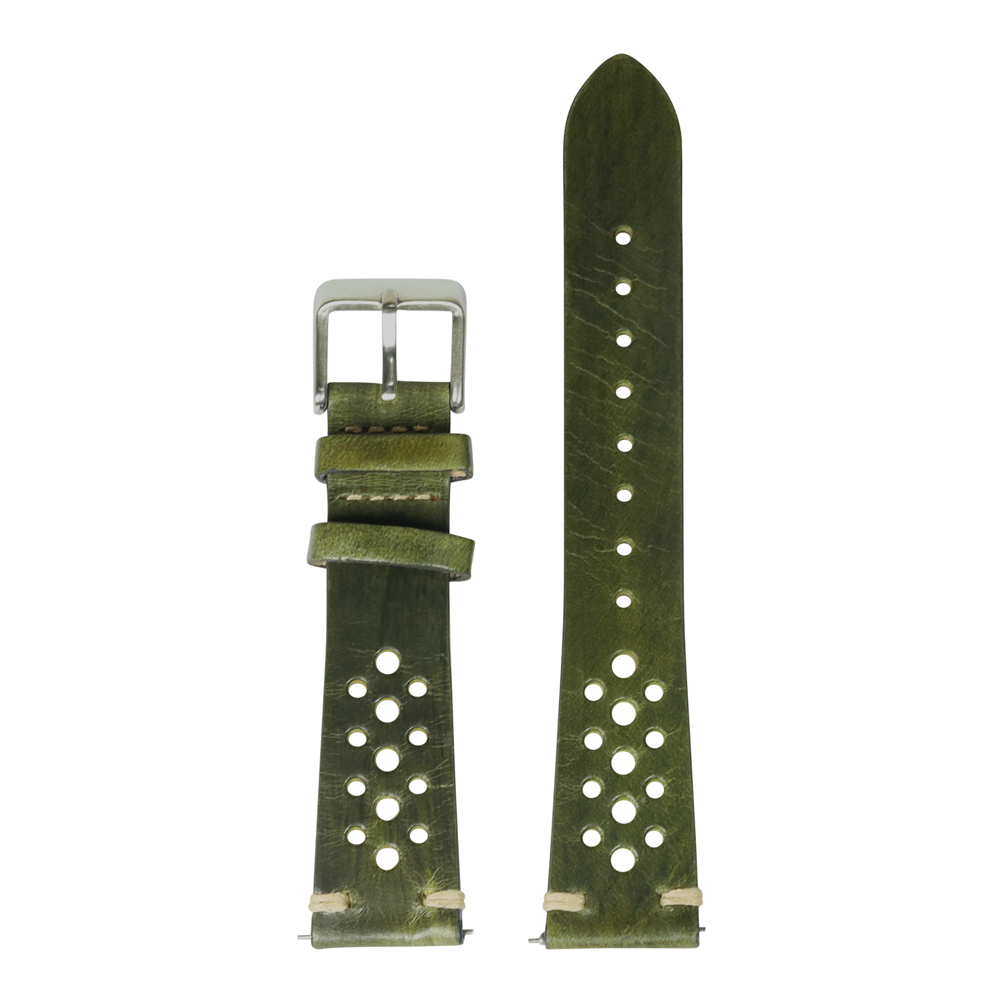 Burnished green leather watch band 20mm with perforated rally design and stainless steel buckle, shown assembled and flat