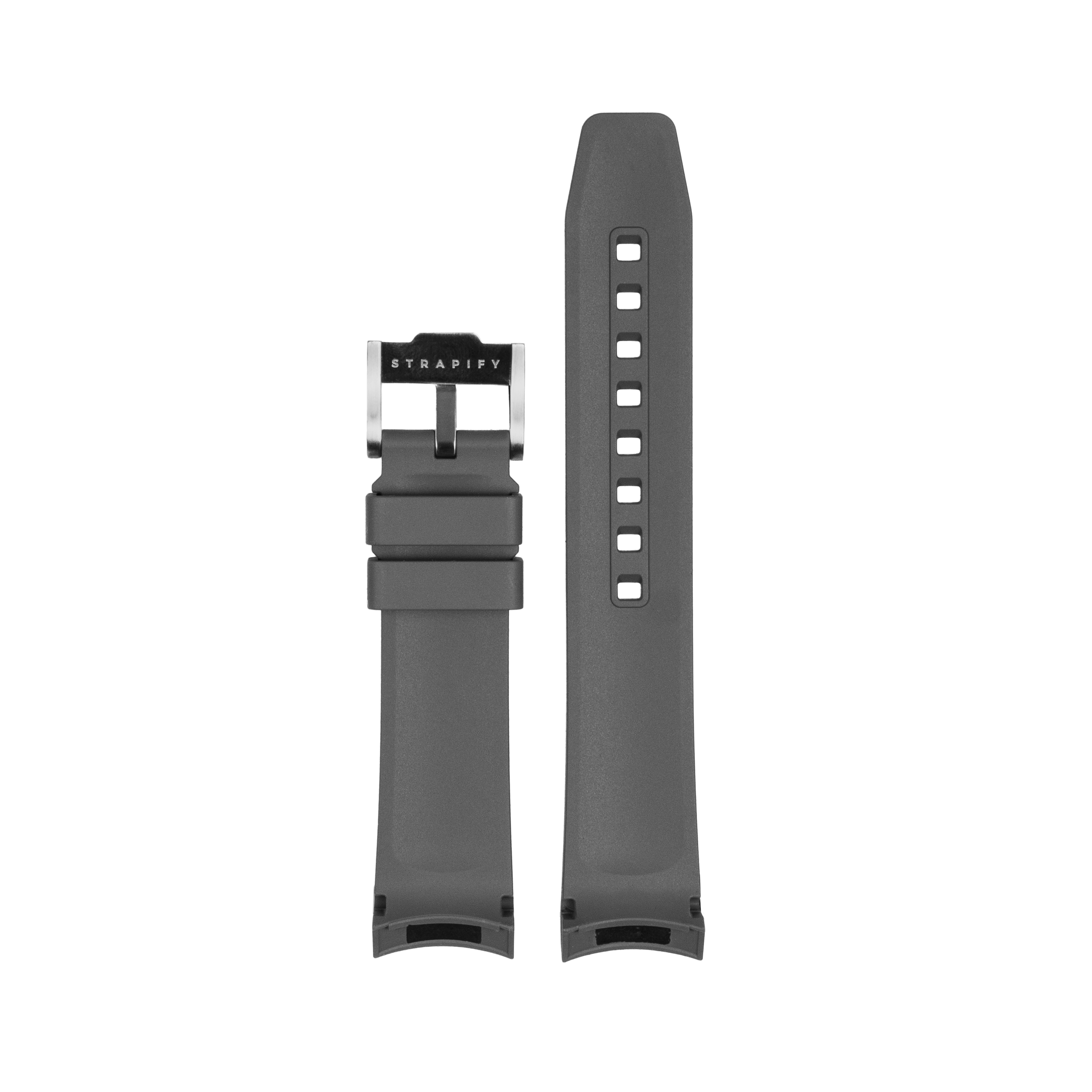 Strapify charcoal gray rubber watch strap with stainless steel buckle and square hole keeper detail