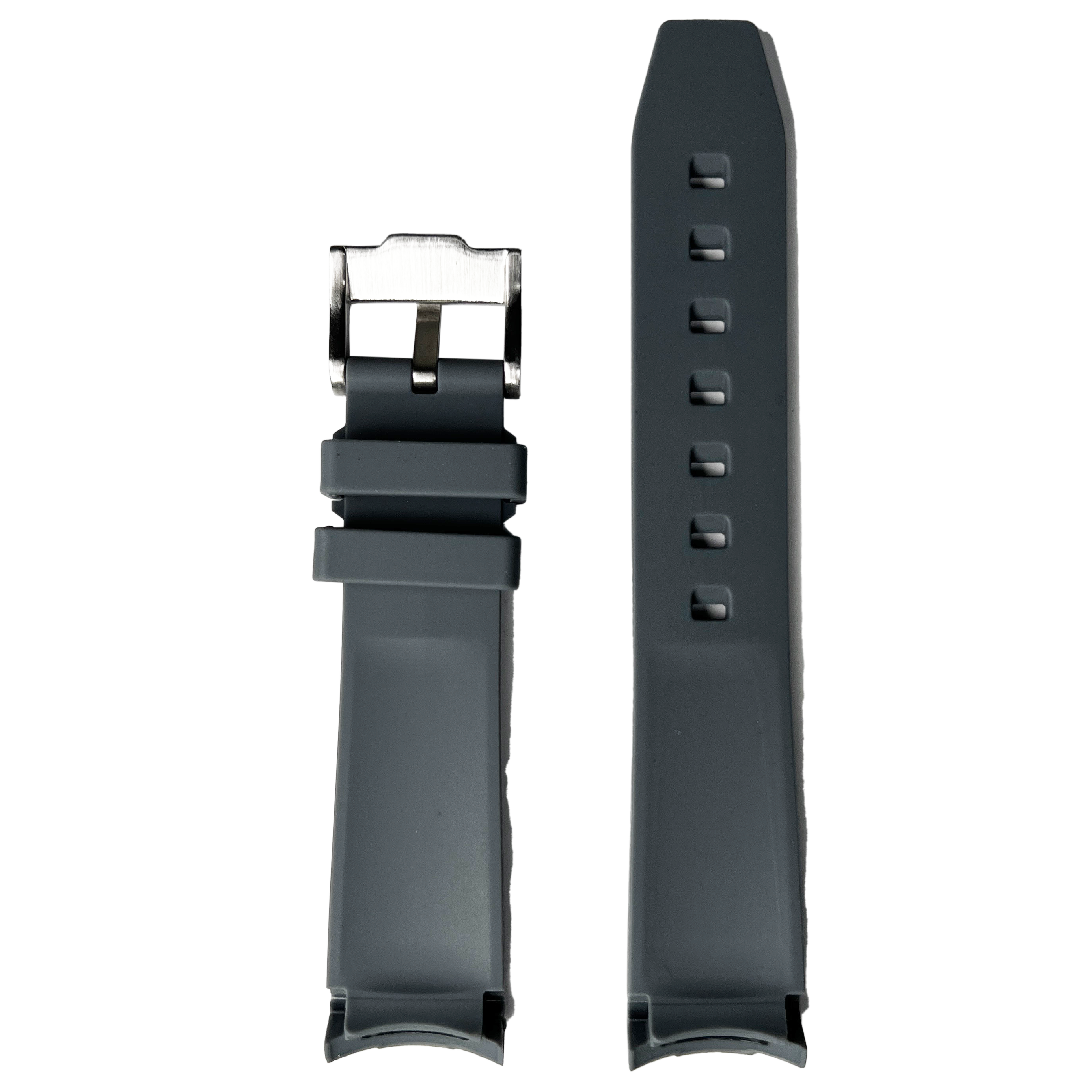 Curved dark grey rubber watch band with steel buckle and quick-release pins for easy adjustment and comfort