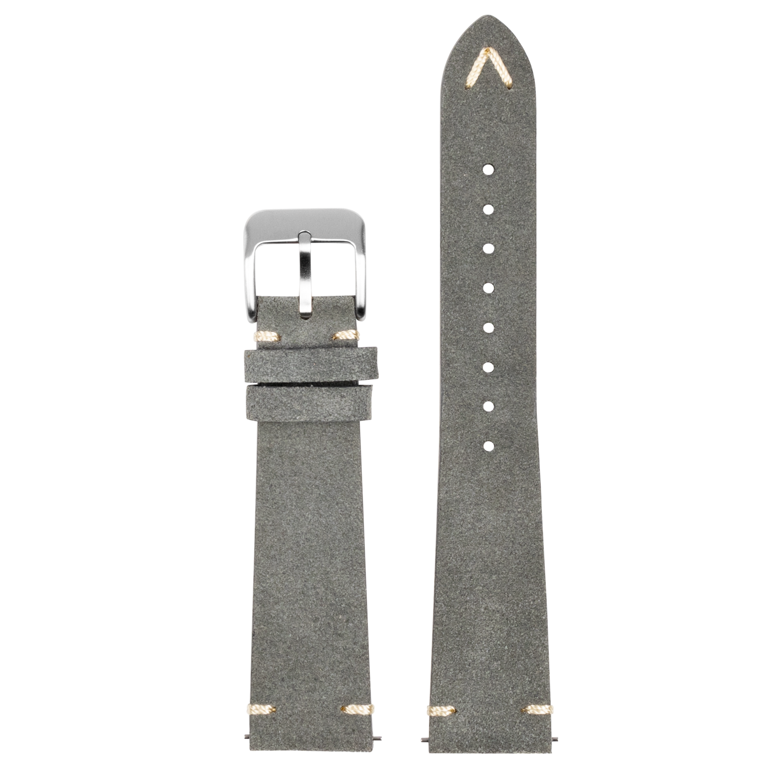 Gray suede leather quick release watch strap with silver buckle and adjustment holes