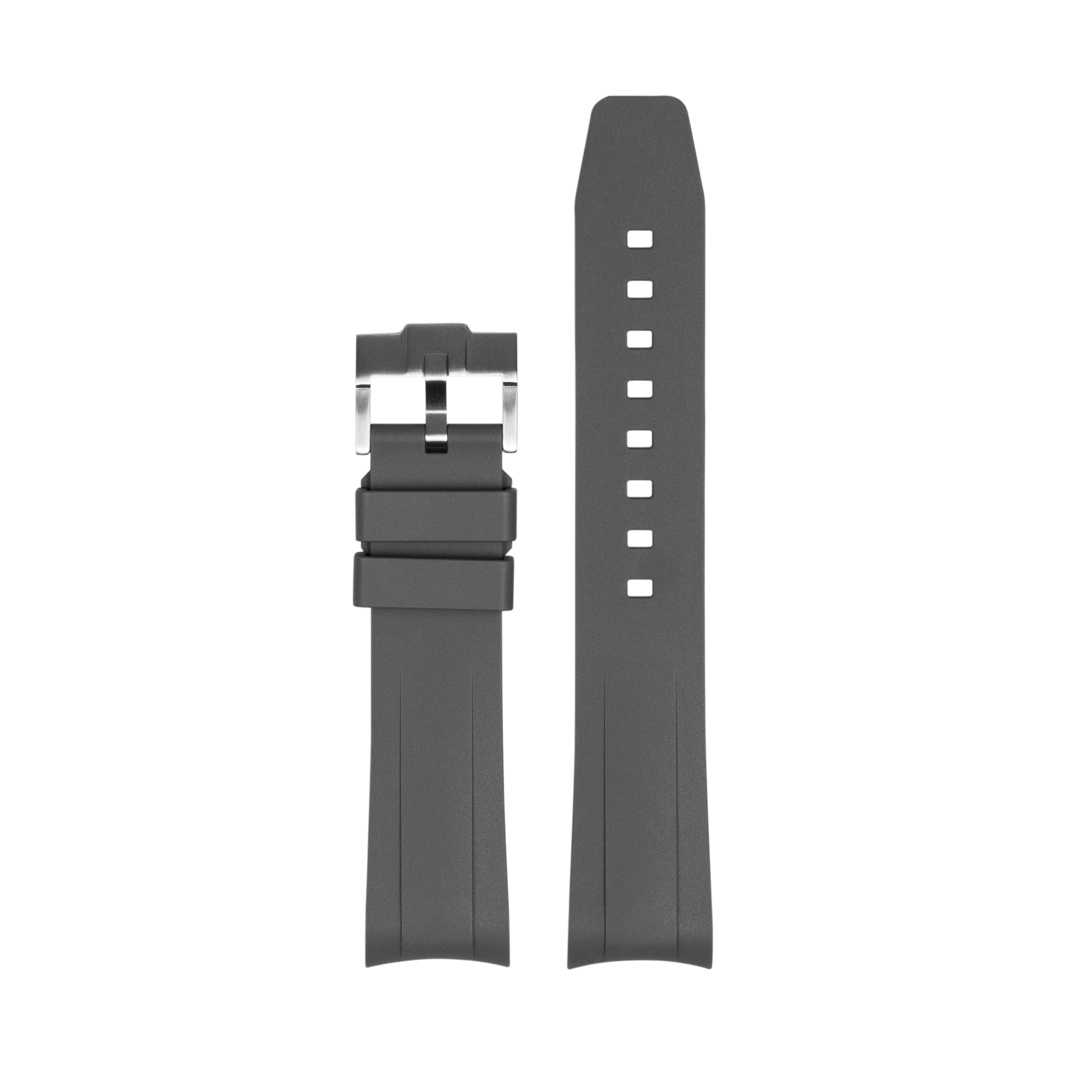 Gray rubber watch strap with stainless steel buckle and white perforated hole details, shown assembled and disassembled