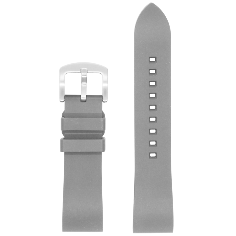 Grey rubber quick release watch strap with silver buckle and punch hole detailing