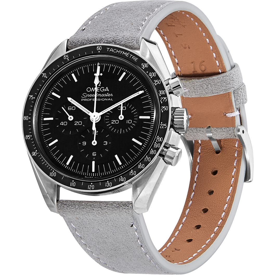 Omega Speedmaster Professional chronograph with grey Alcantara leather quick release strap and white stitching