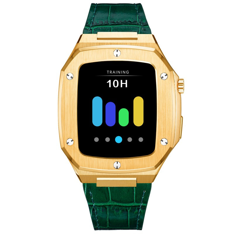 Gold square smartwatch with green crocodile leather band displaying training data and 10-hour activity metrics