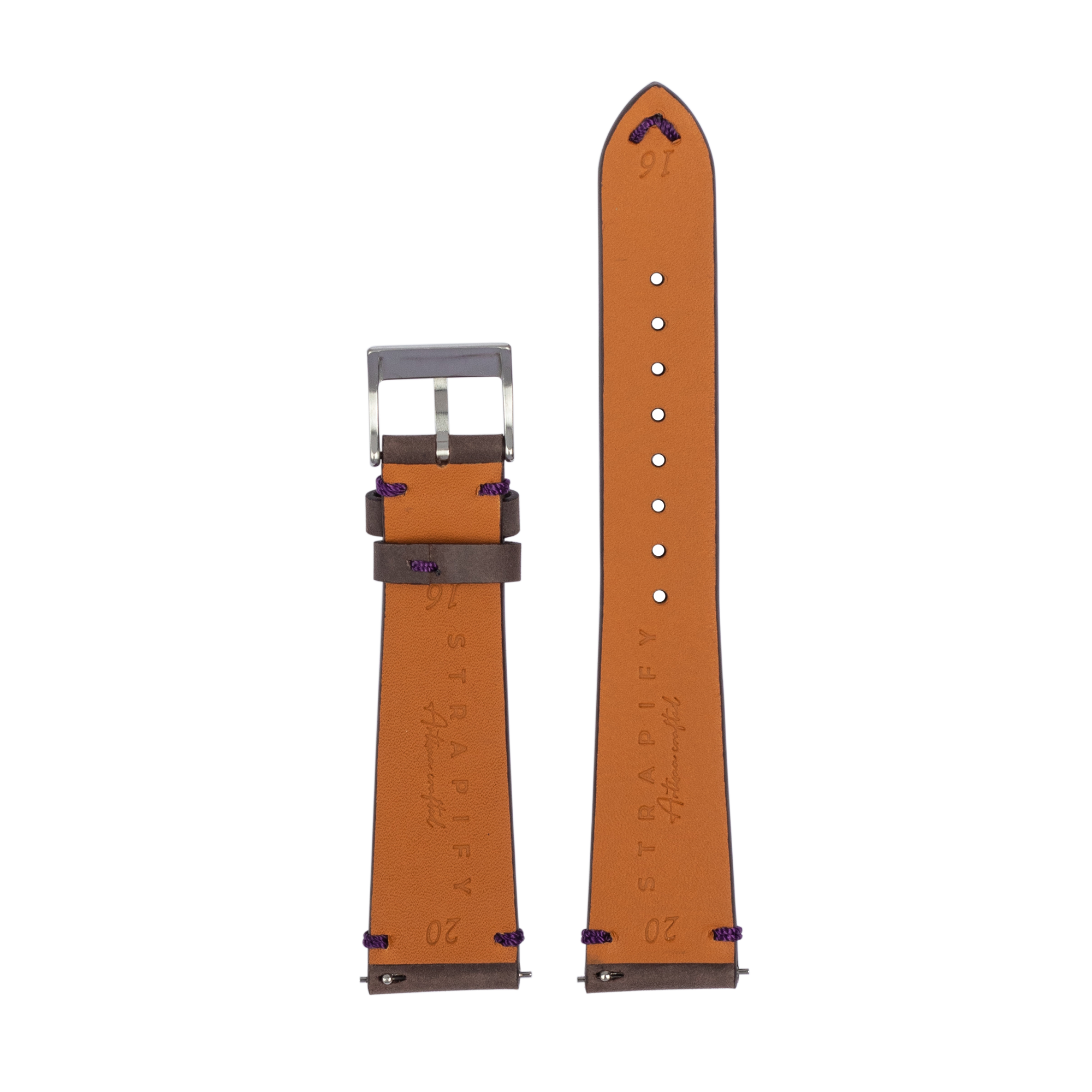 Vintage tan leather watch strap with dark brown accents, purple stitching, quick release bars, and metal buckle hardware