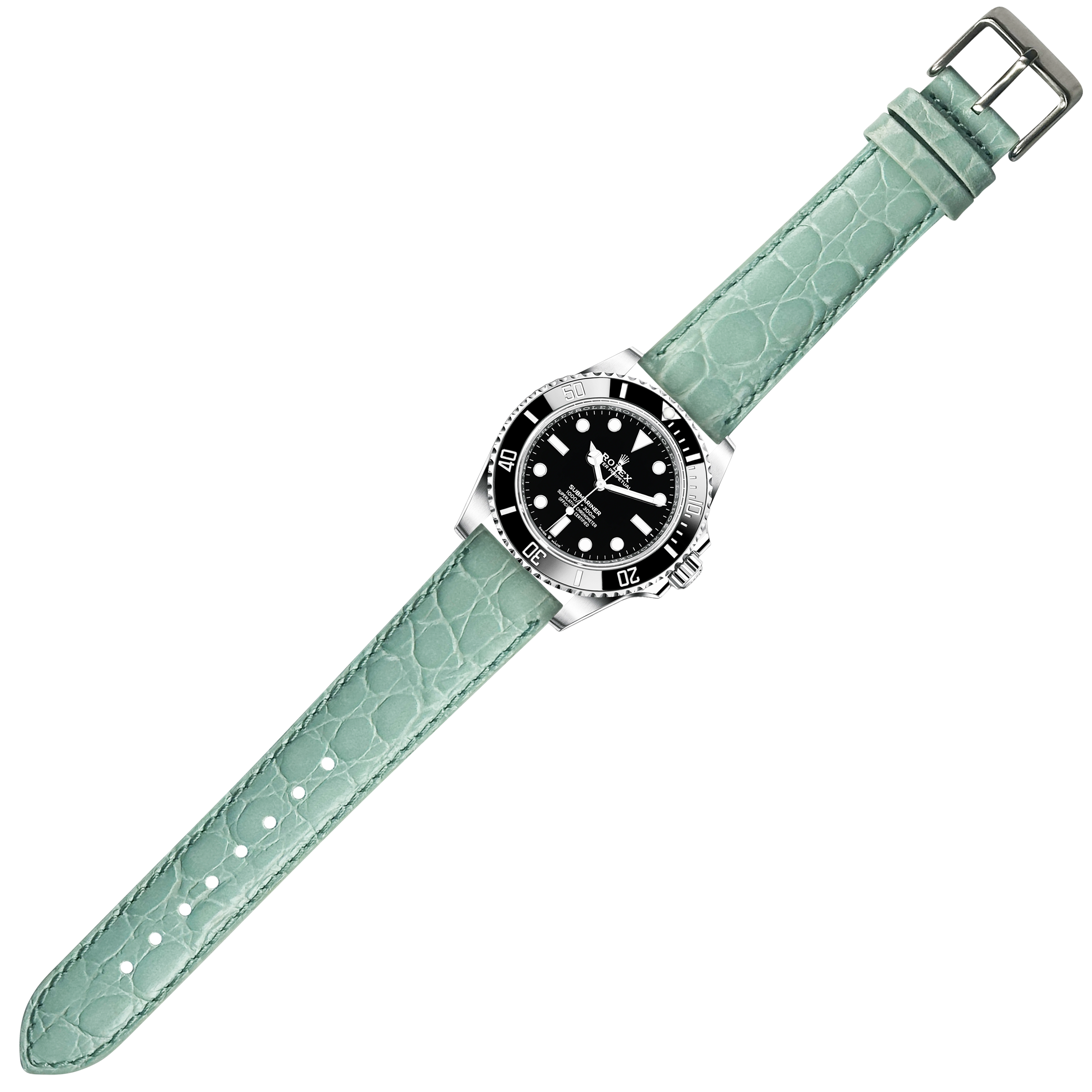 Luxury dive watch with stainless steel case, black dial, and mint green alligator leather strap with buckle