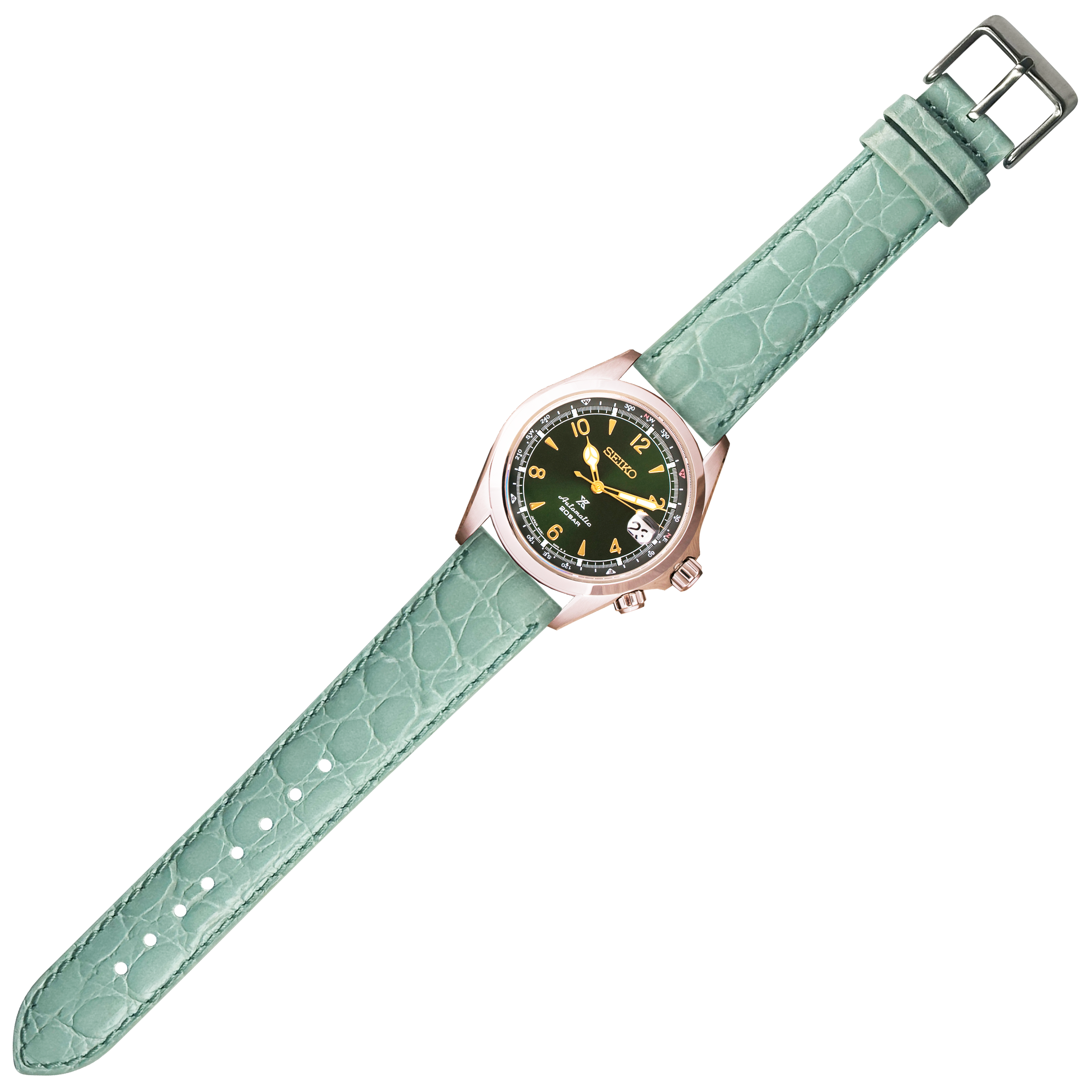 Seiko automatic watch with rose gold case, black dial with yellow numerals, and light green alligator leather strap with buckle