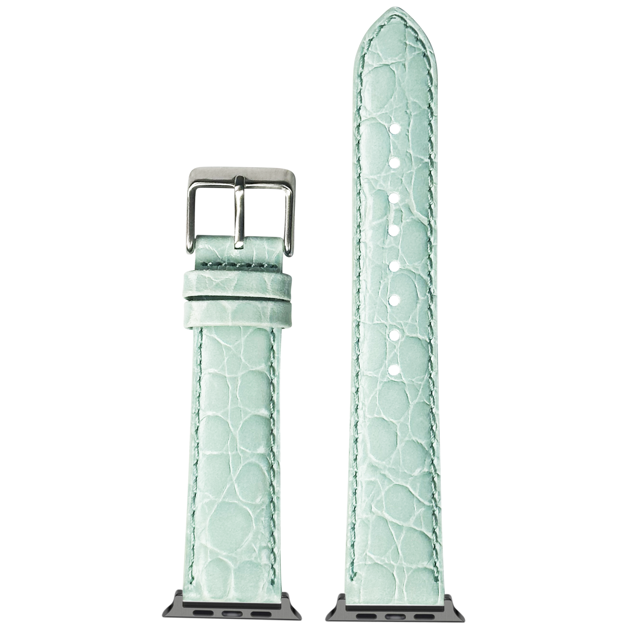 Light Tiffany blue alligator leather Apple Watch band with silver buckle and connector