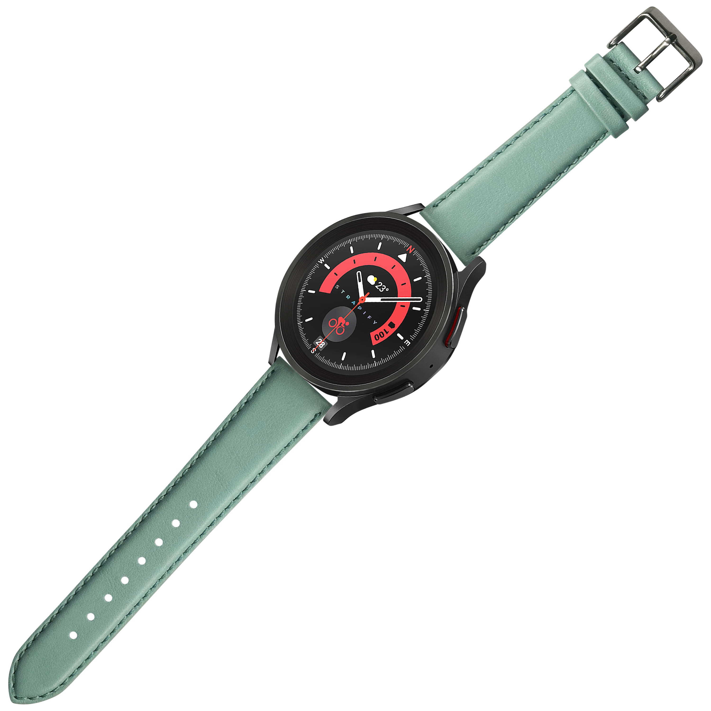 Black smartwatch with red dial and light tiffany blue padded leather quick release strap
