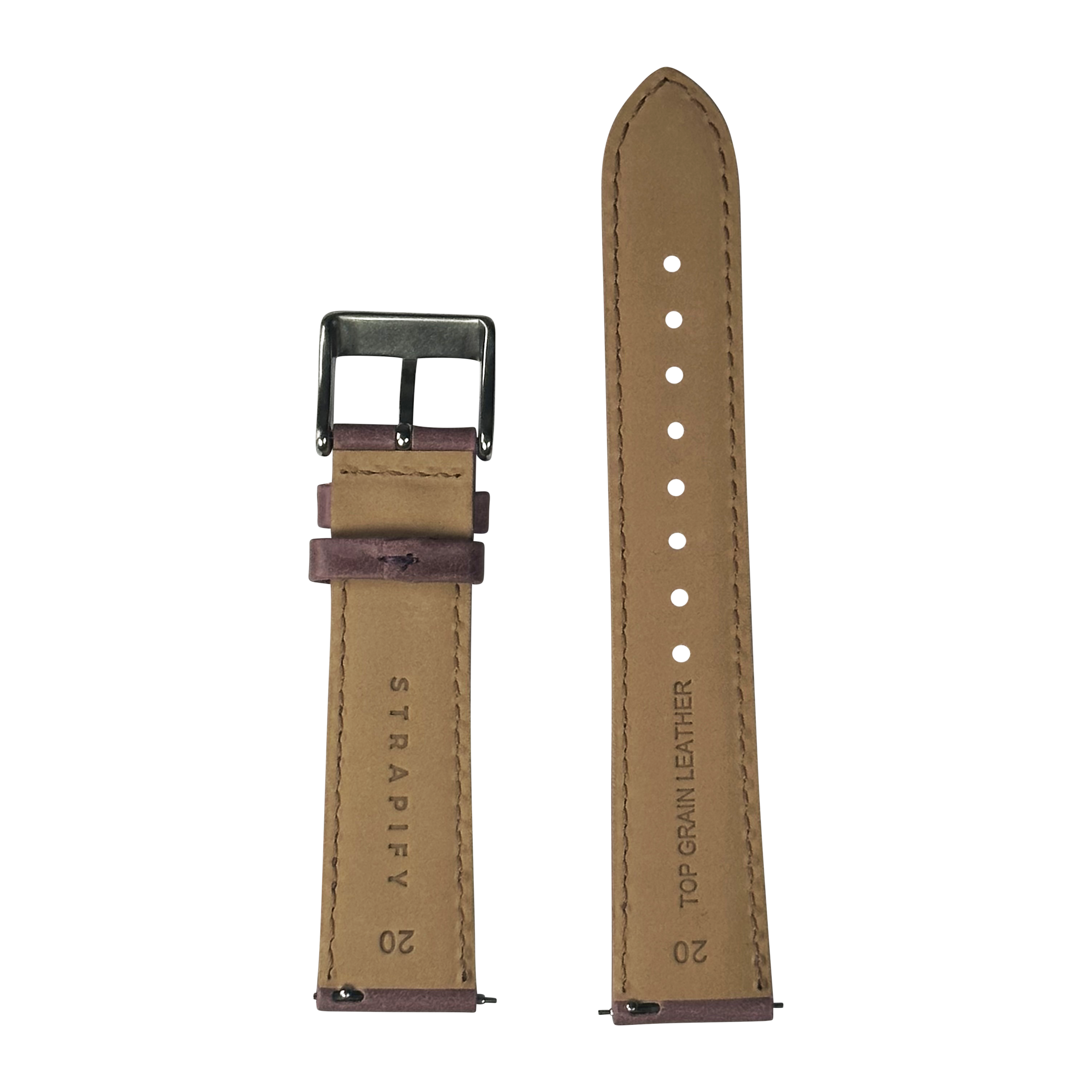 Mauve padded leather watch band with white stitching, chrome buckle, and adjustment holes for Galaxy Watch 8 and Ultra models