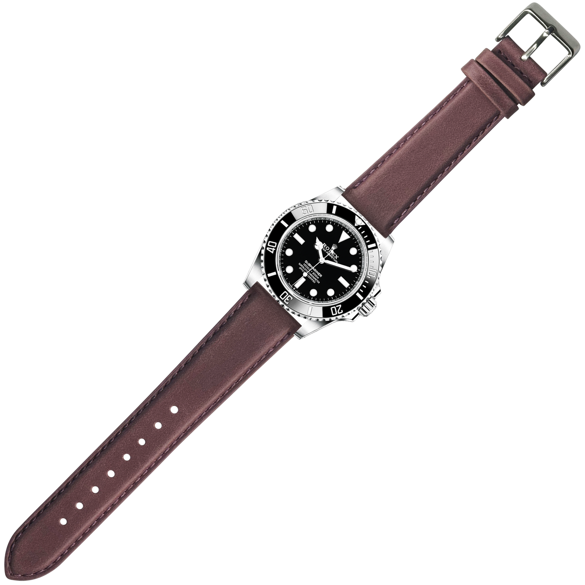 Silver dive watch with black dial and burgundy leather strap on white background