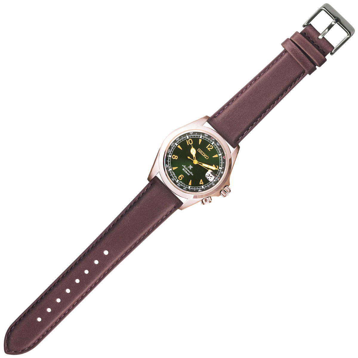 Seiko automatic watch with black dial, gold numerals, burgundy leather strap and stainless steel case