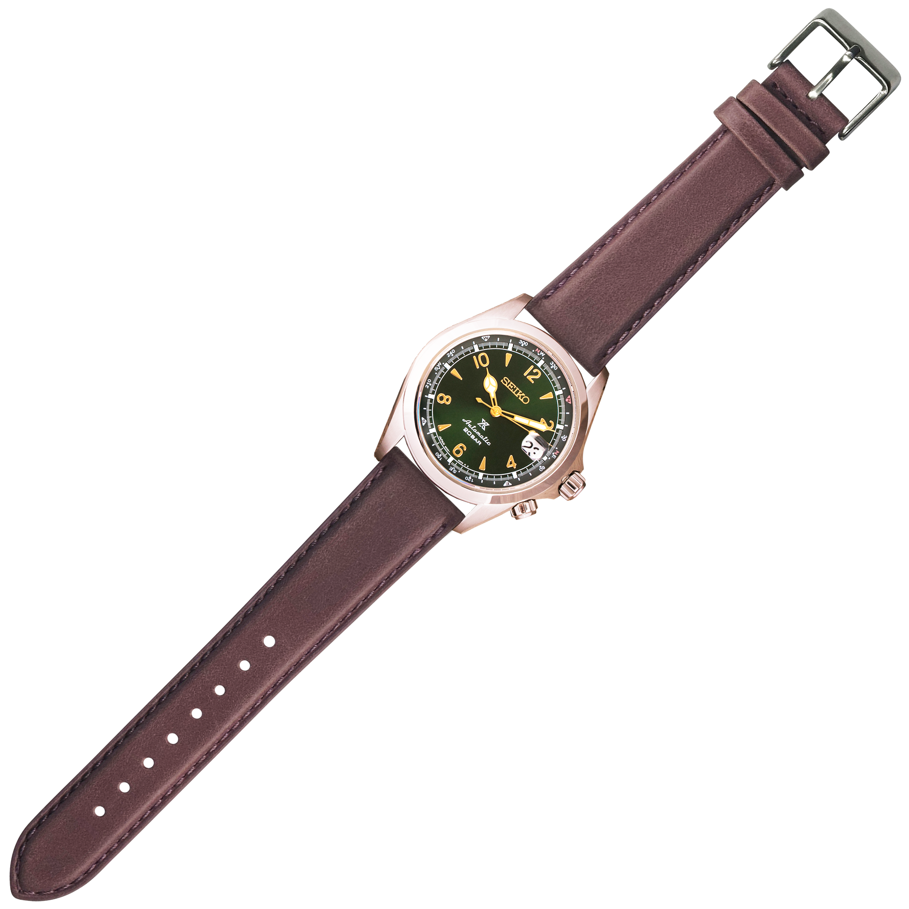 Seiko automatic watch with black dial, golden hands and numerals, rose gold case, and burgundy leather padded quick release strap