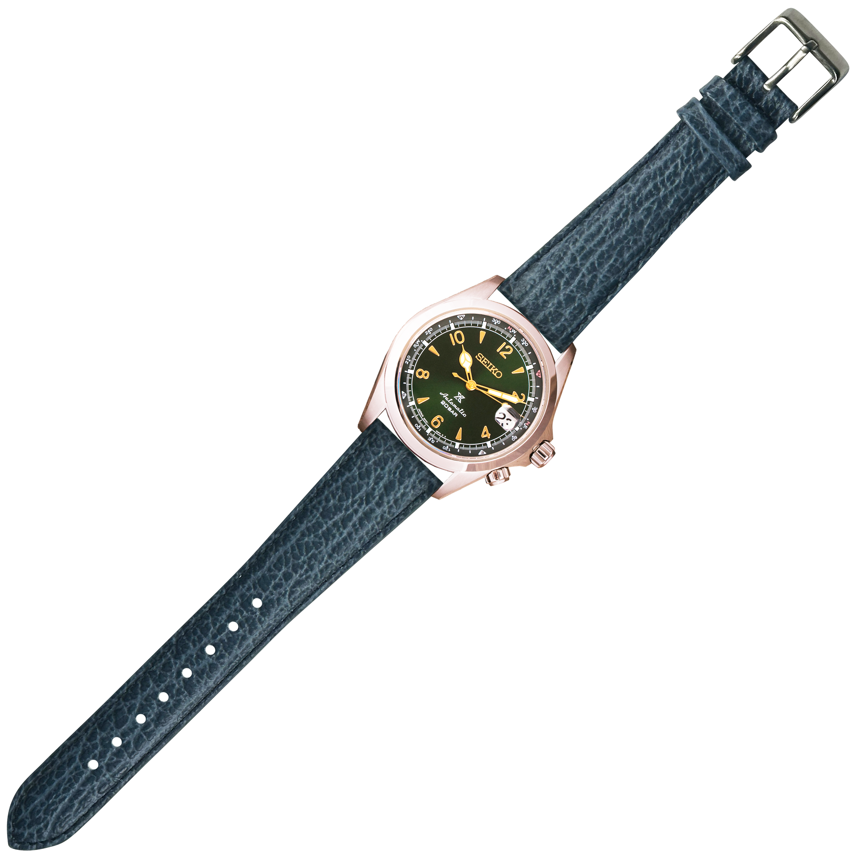 Seiko automatic watch with rose gold case, black dial, yellow numerals, and blue faux sharkskin quick release strap