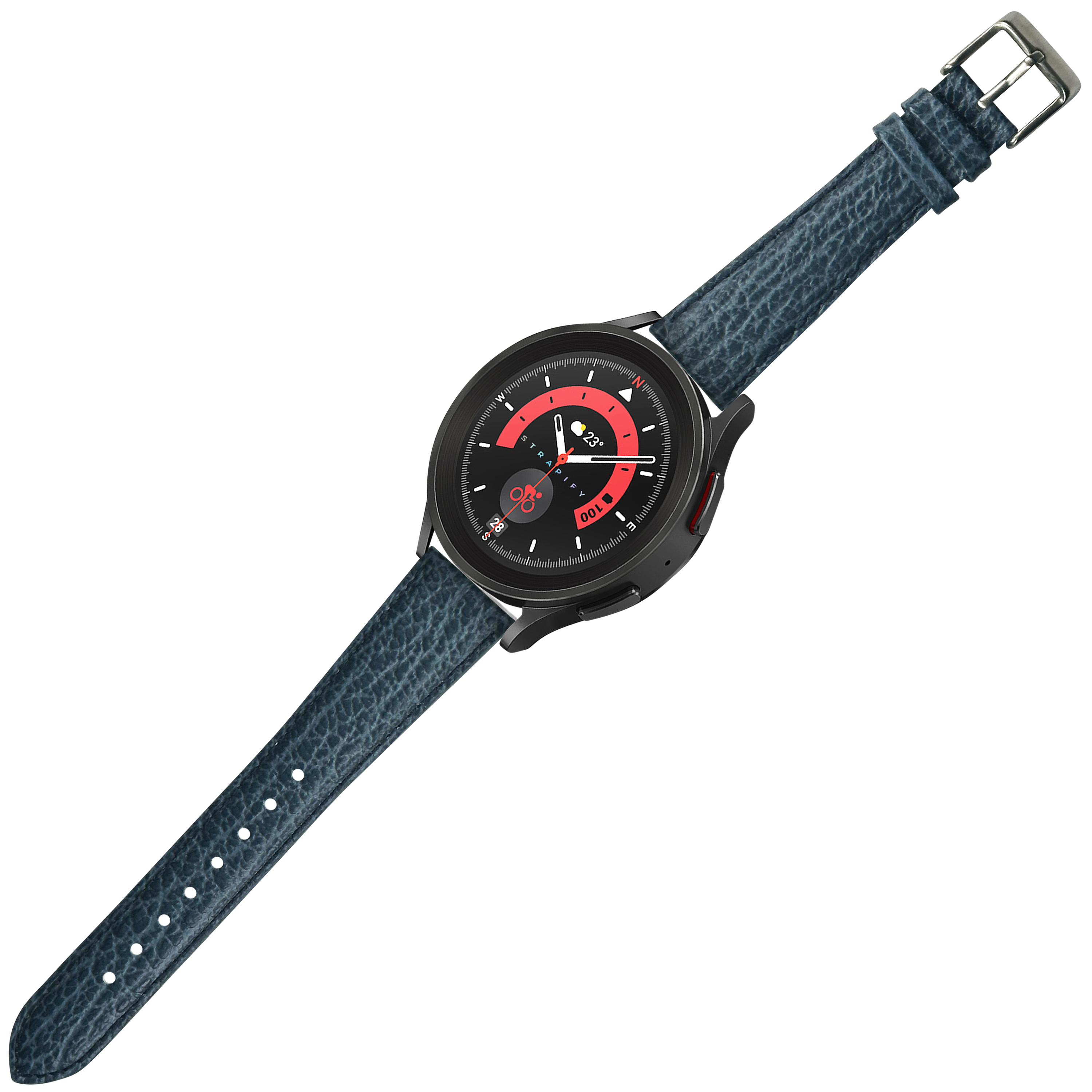 Blue faux sharkskin quick release watch strap with black stainless steel buckle and red digital display smartwatch
