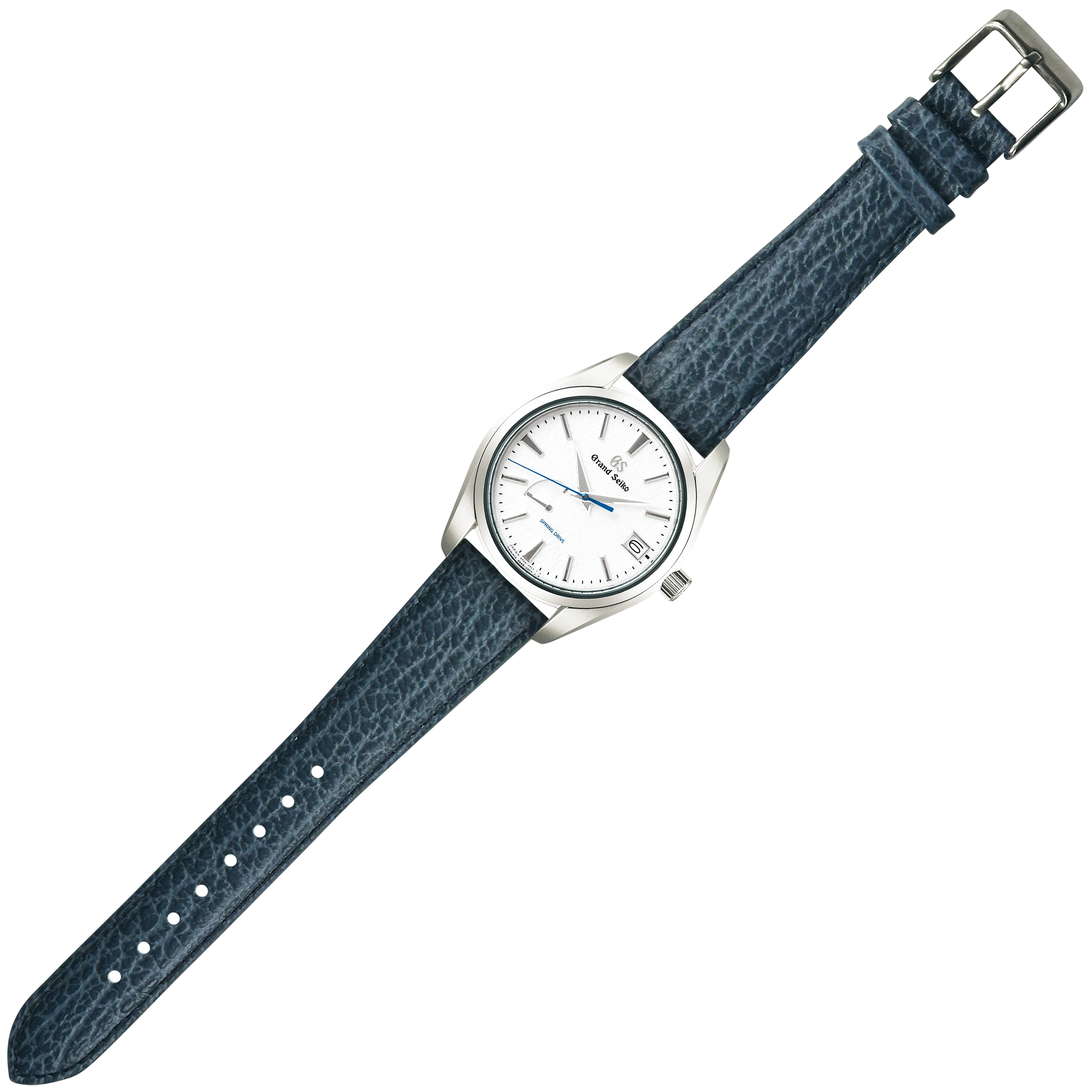 Silver minimalist watch with white dial and blue hands on textured blue faux sharkskin leather strap with quick release buckle