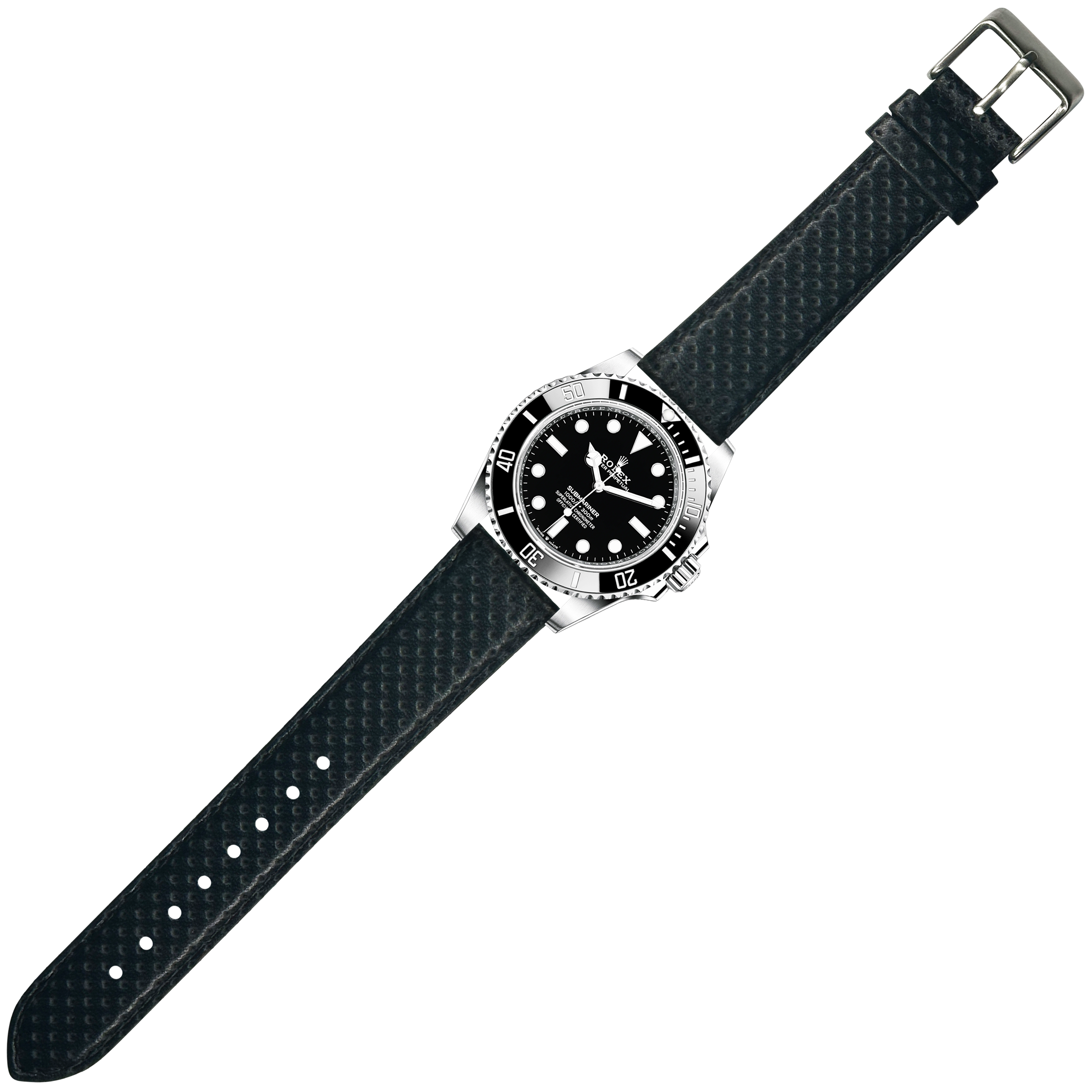 Black perforated racing leather watch strap with quick release buckle for dive watches