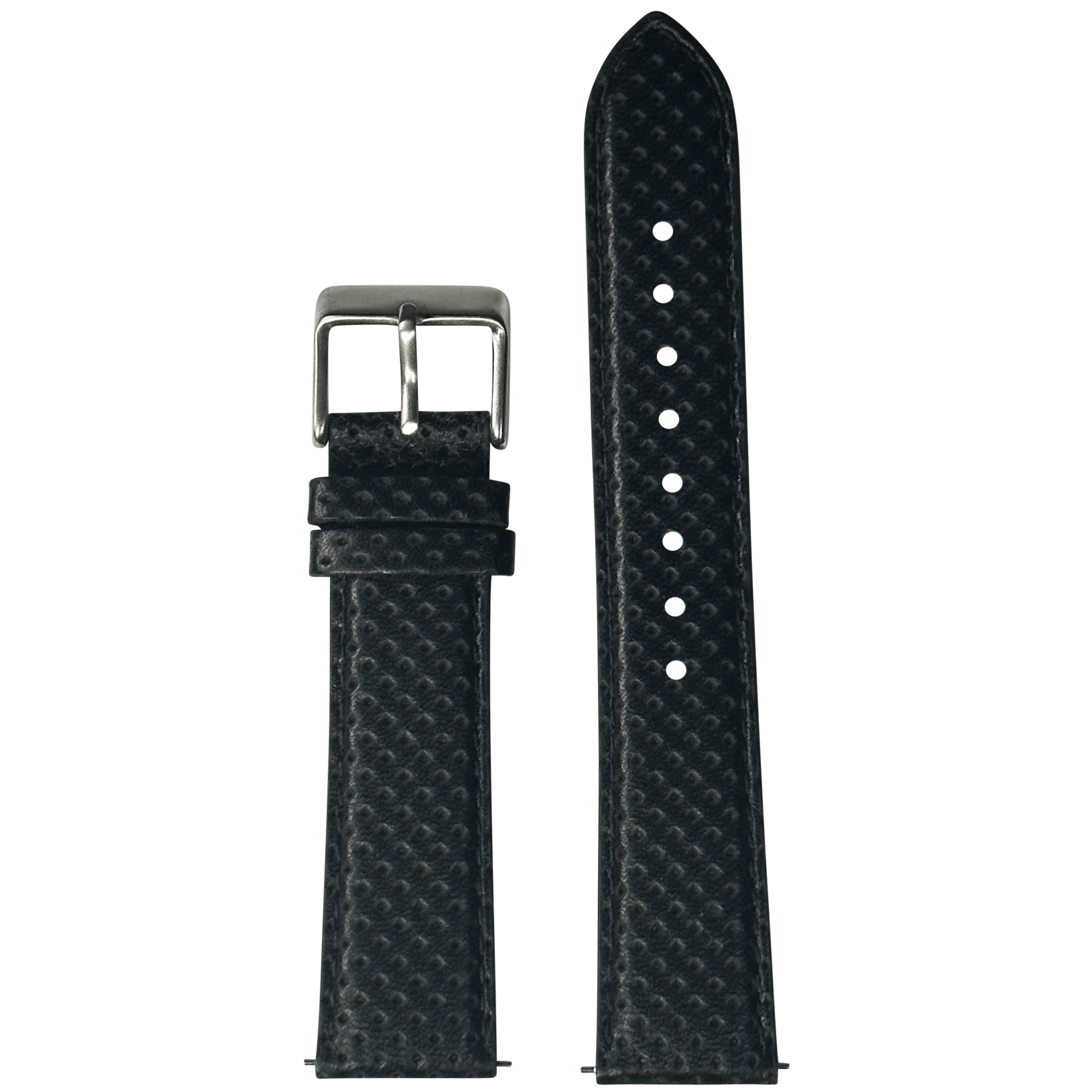 Black perforated leather watch strap with quick release pins and stainless steel buckle
