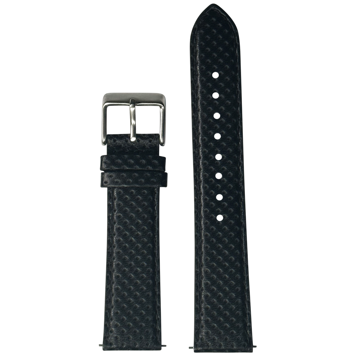 Black perforated racing leather watch strap with silver buckle and adjustment holes for Galaxy Watch 8 and Ultra models