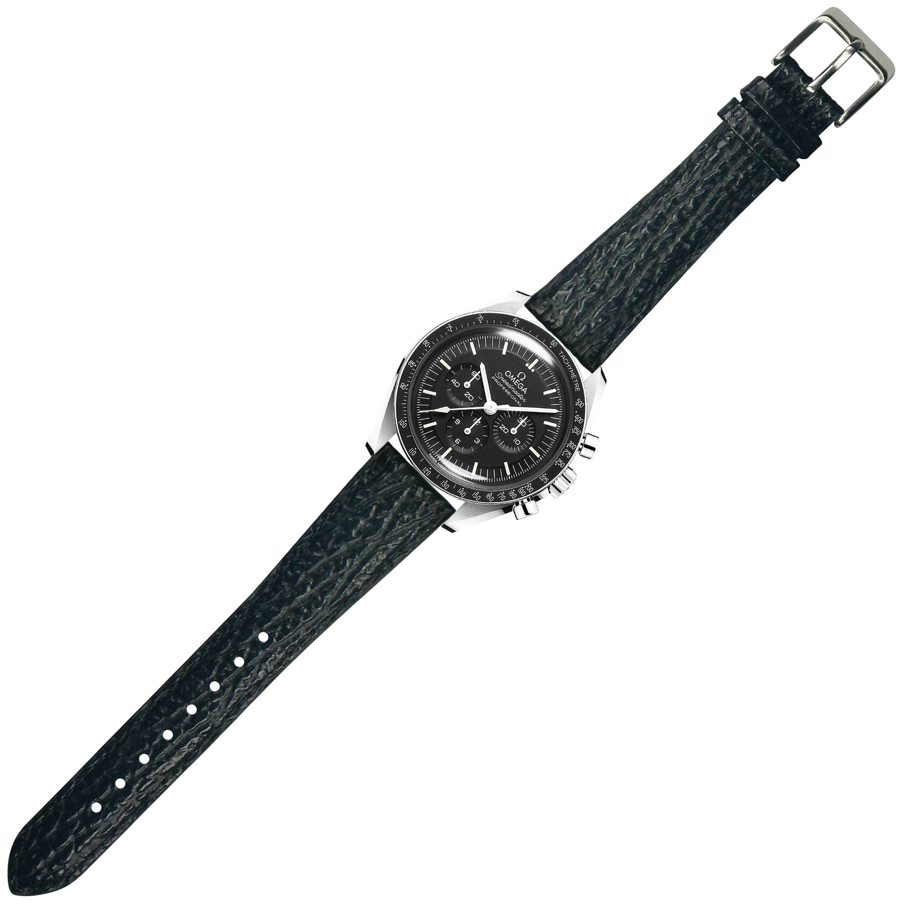Black faux sharkskin quick release watch strap with stainless steel chronograph watch and metal buckle
