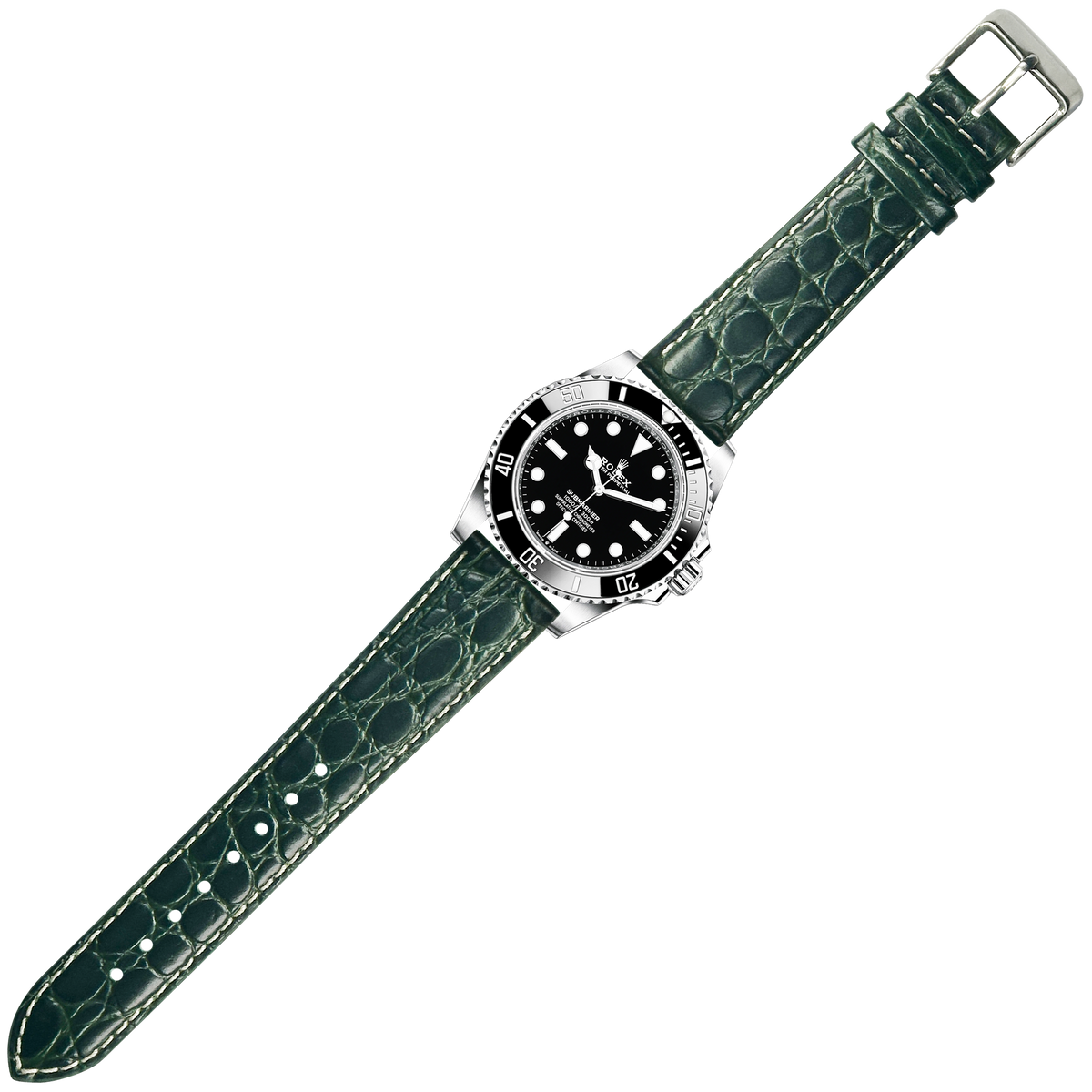 Stainless steel dive watch with black dial and green alligator leather strap with white stitching