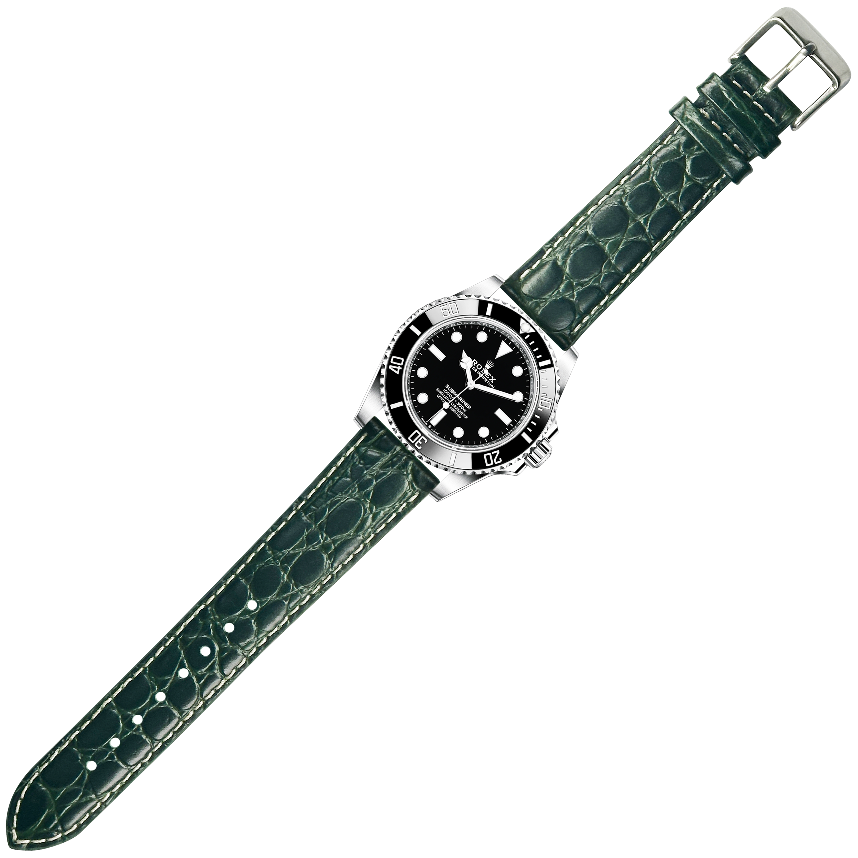 Stainless steel dive watch with black dial and rotating bezel on dark green alligator leather quick release strap with white stitching
