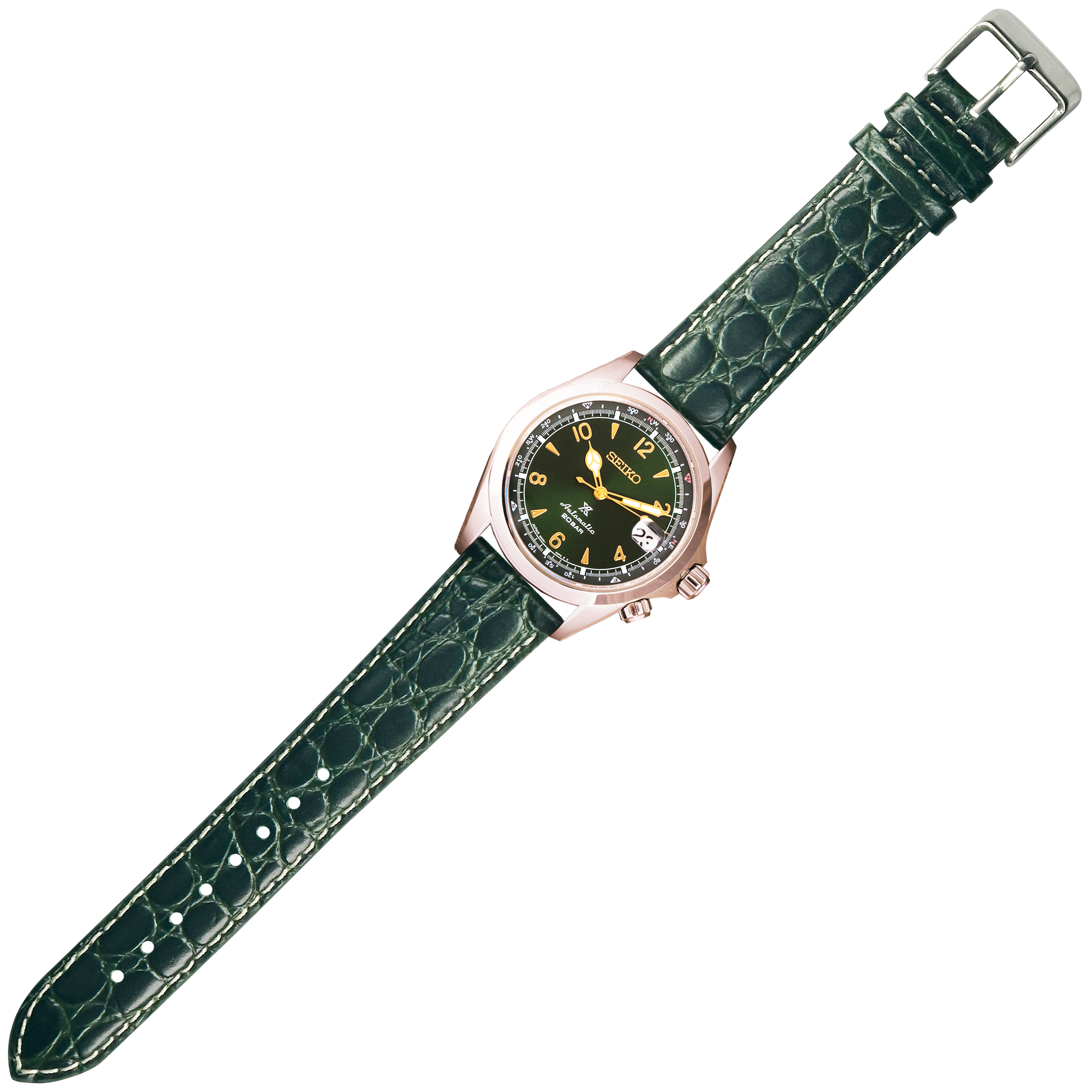 Seiko automatic watch with rose gold case, black dial, gold Arabic numerals, and dark green alligator leather strap with buckle