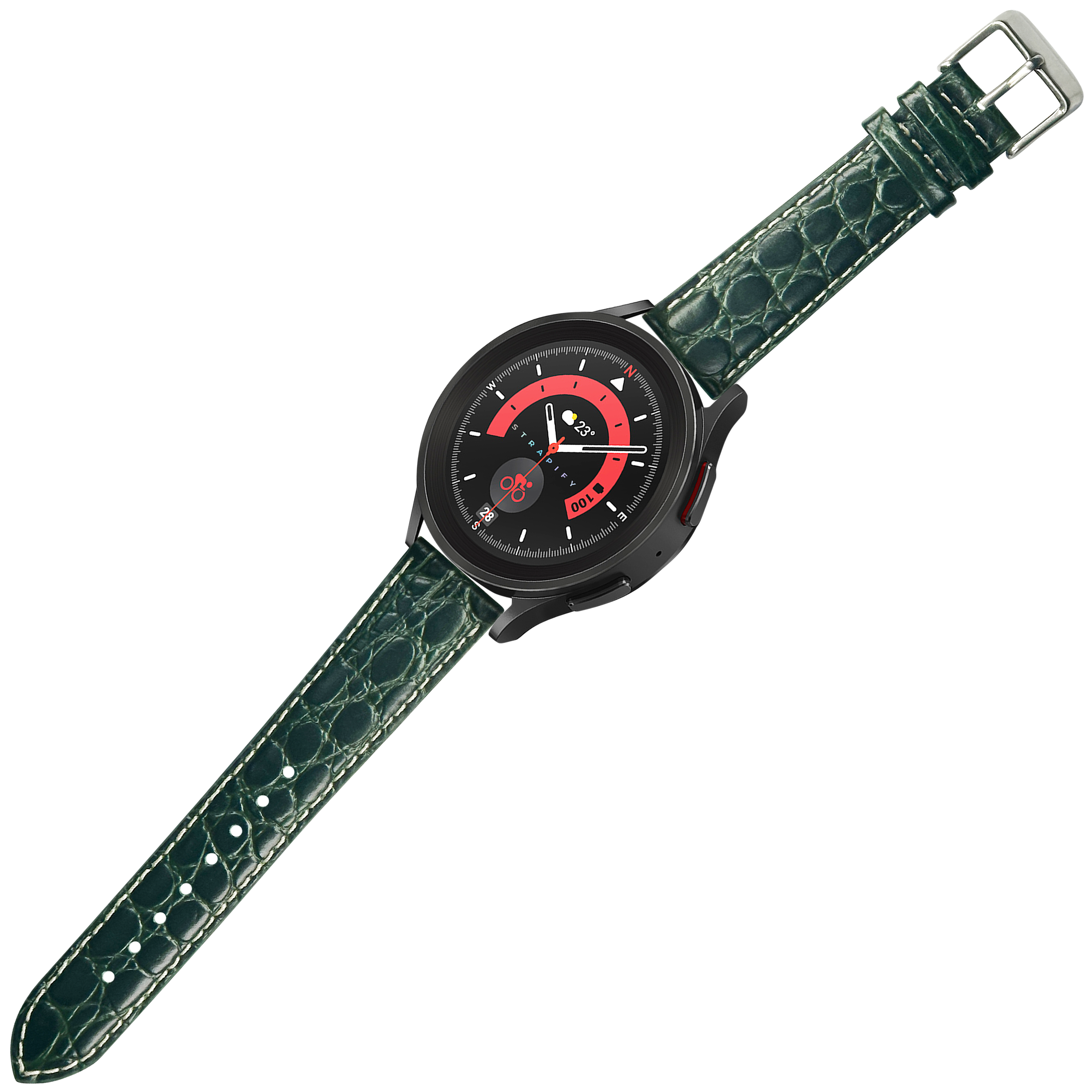 Black smartwatch with red dial and dark green alligator leather quick release strap with white stitching