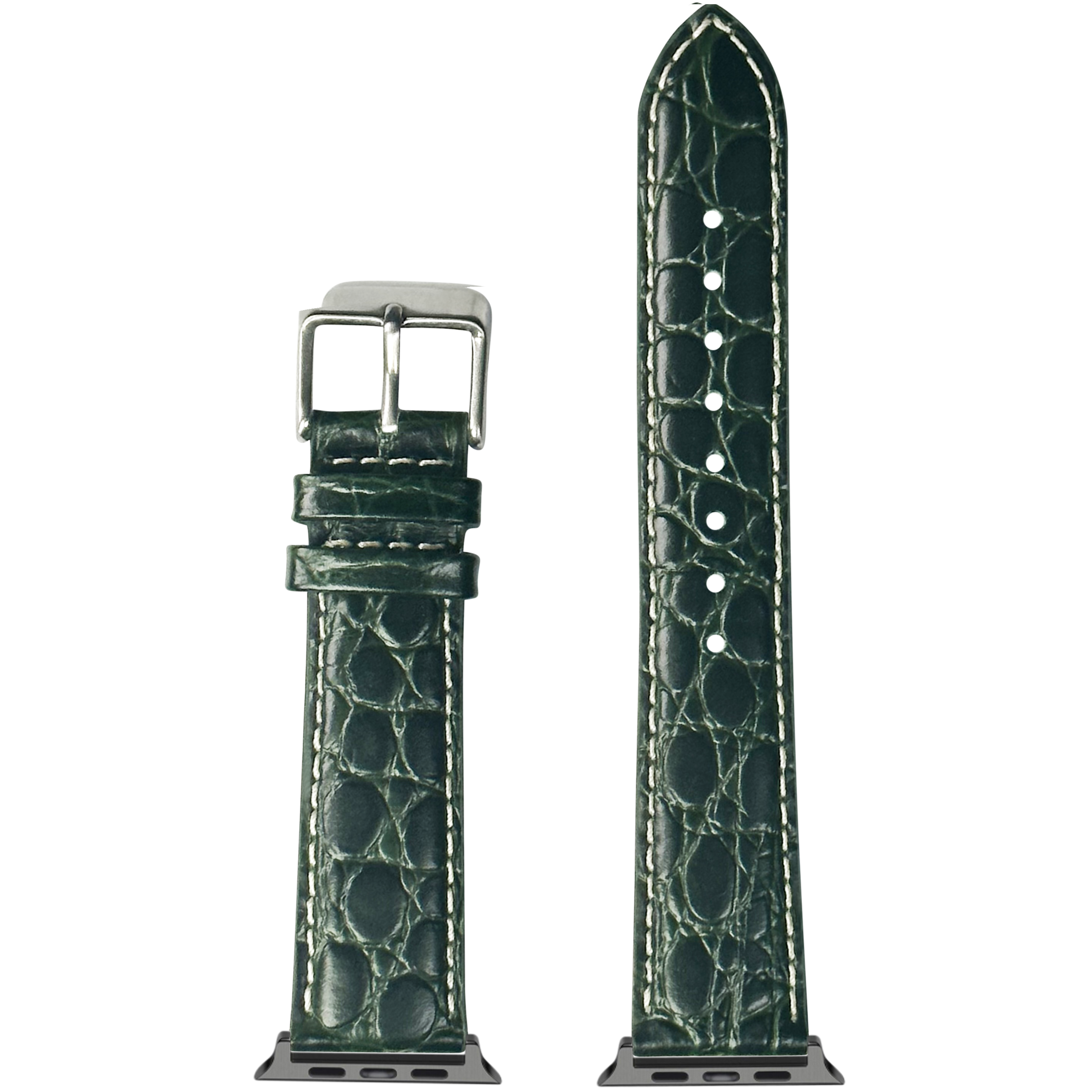 Dark green alligator leather Apple Watch band with white stitching and silver buckle clasp
