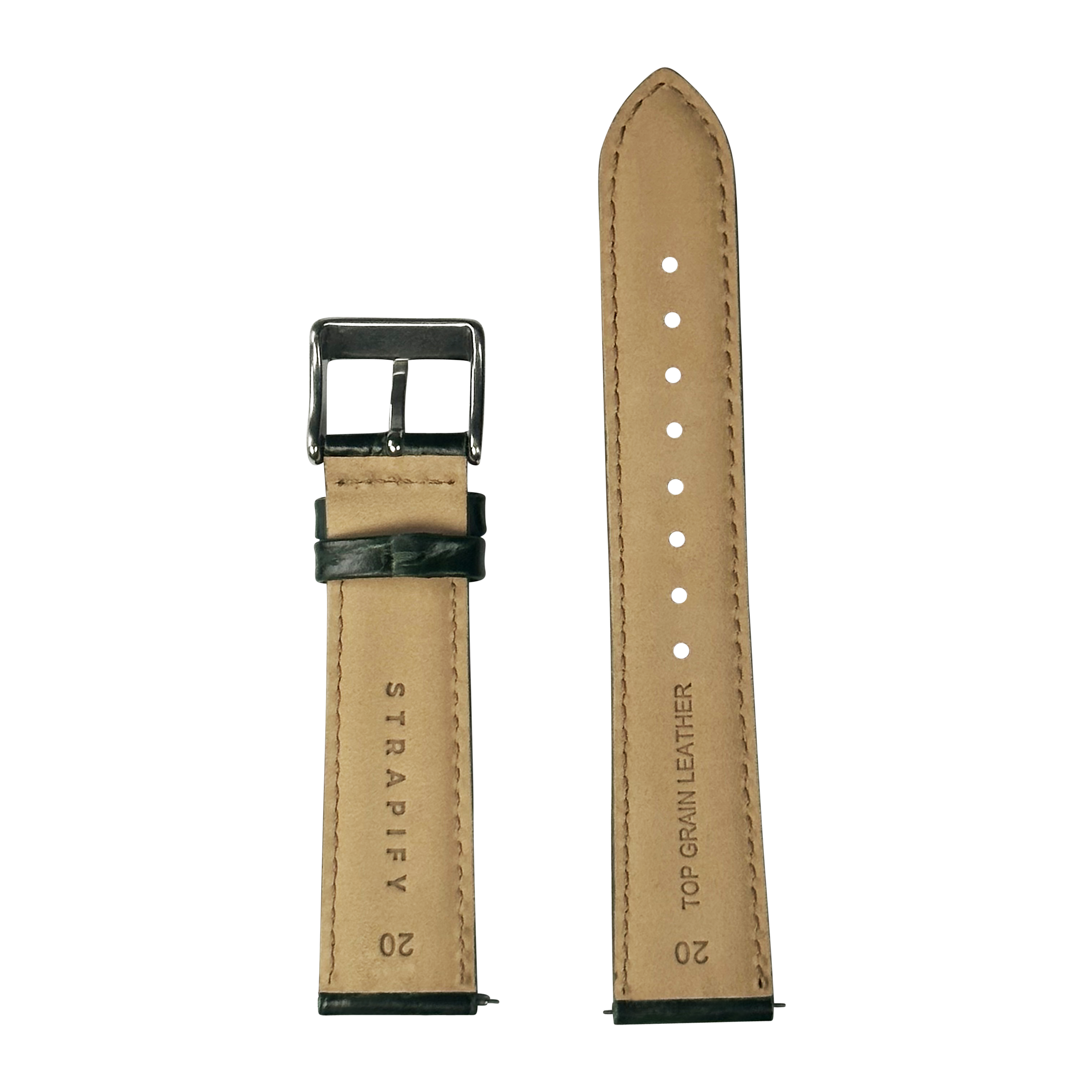 Dark green alligator leather watch band 20mm with metal buckle and contrast stitching, front and back view