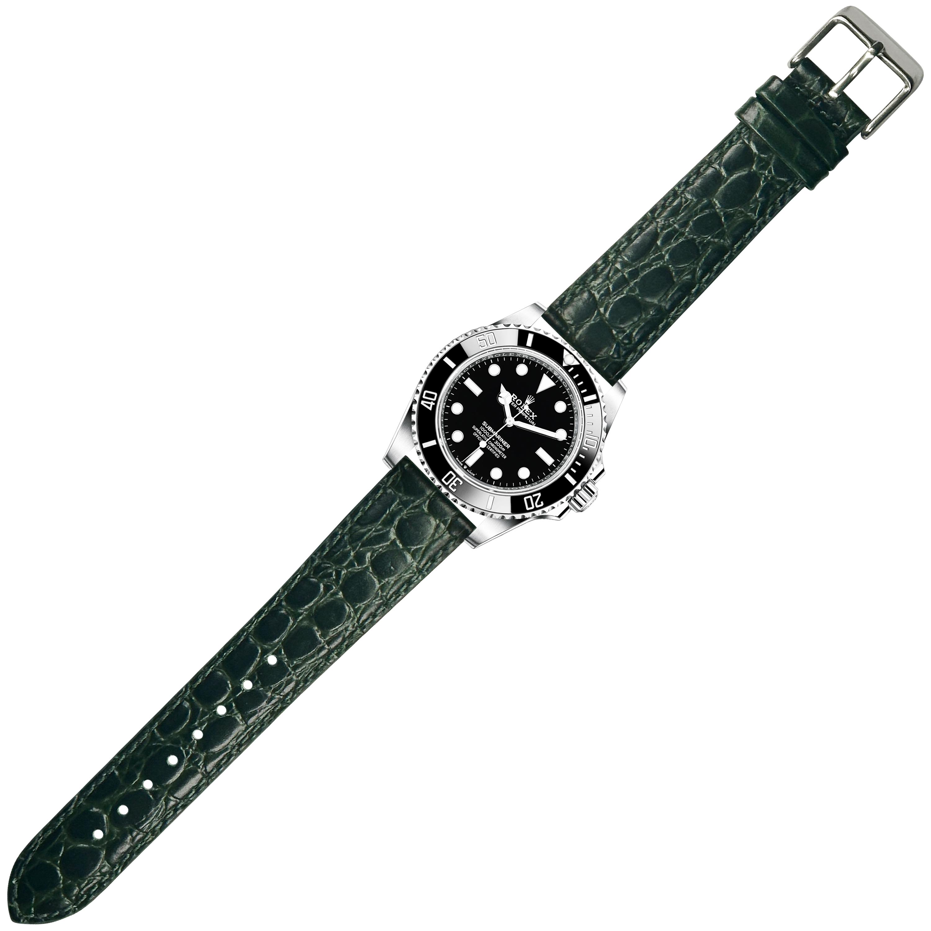 Luxury dive watch with stainless steel case, black dial, rotating bezel, and dark green alligator leather strap with buckle