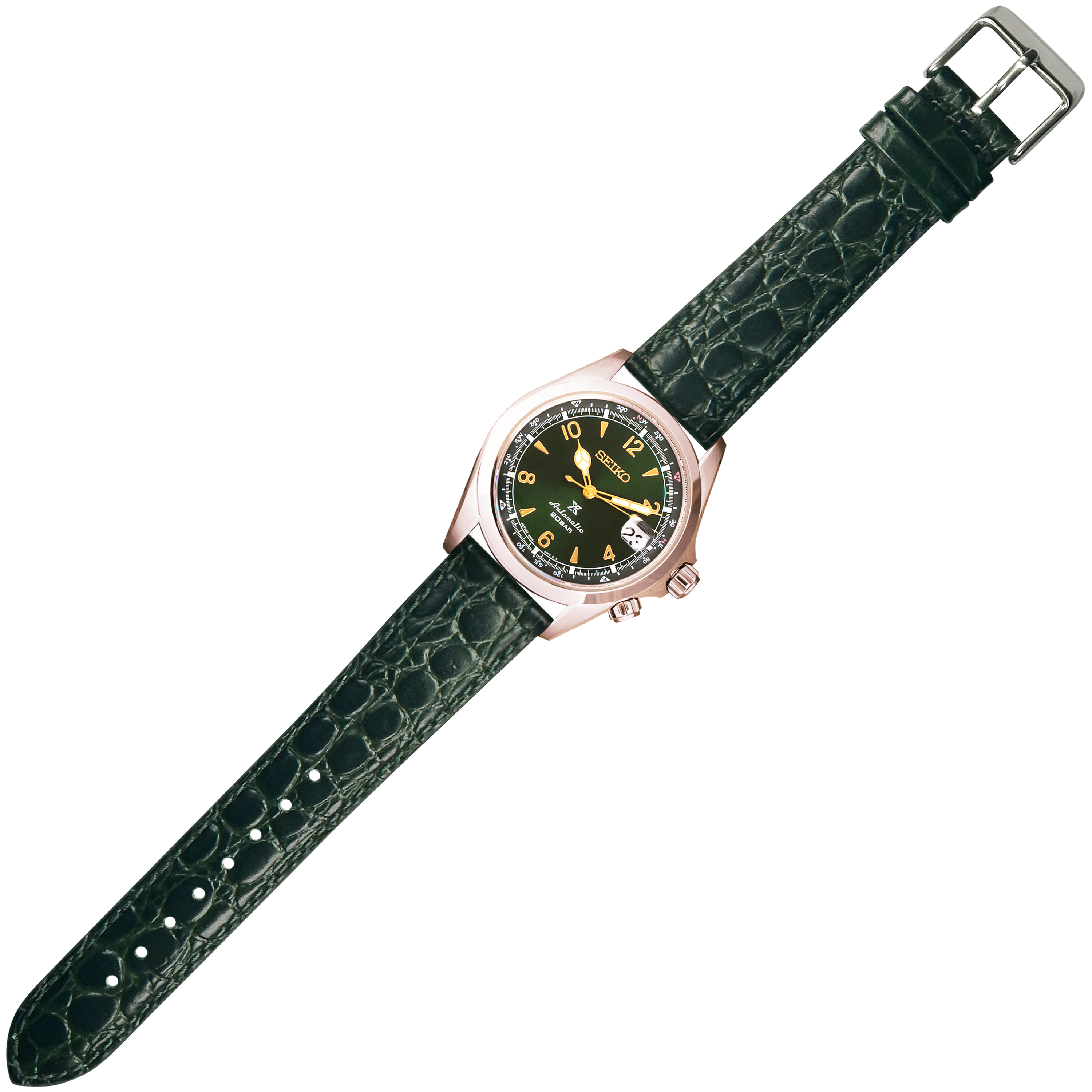 Seiko automatic watch with rose gold case, black dial, and dark green crocodile leather strap with buckle