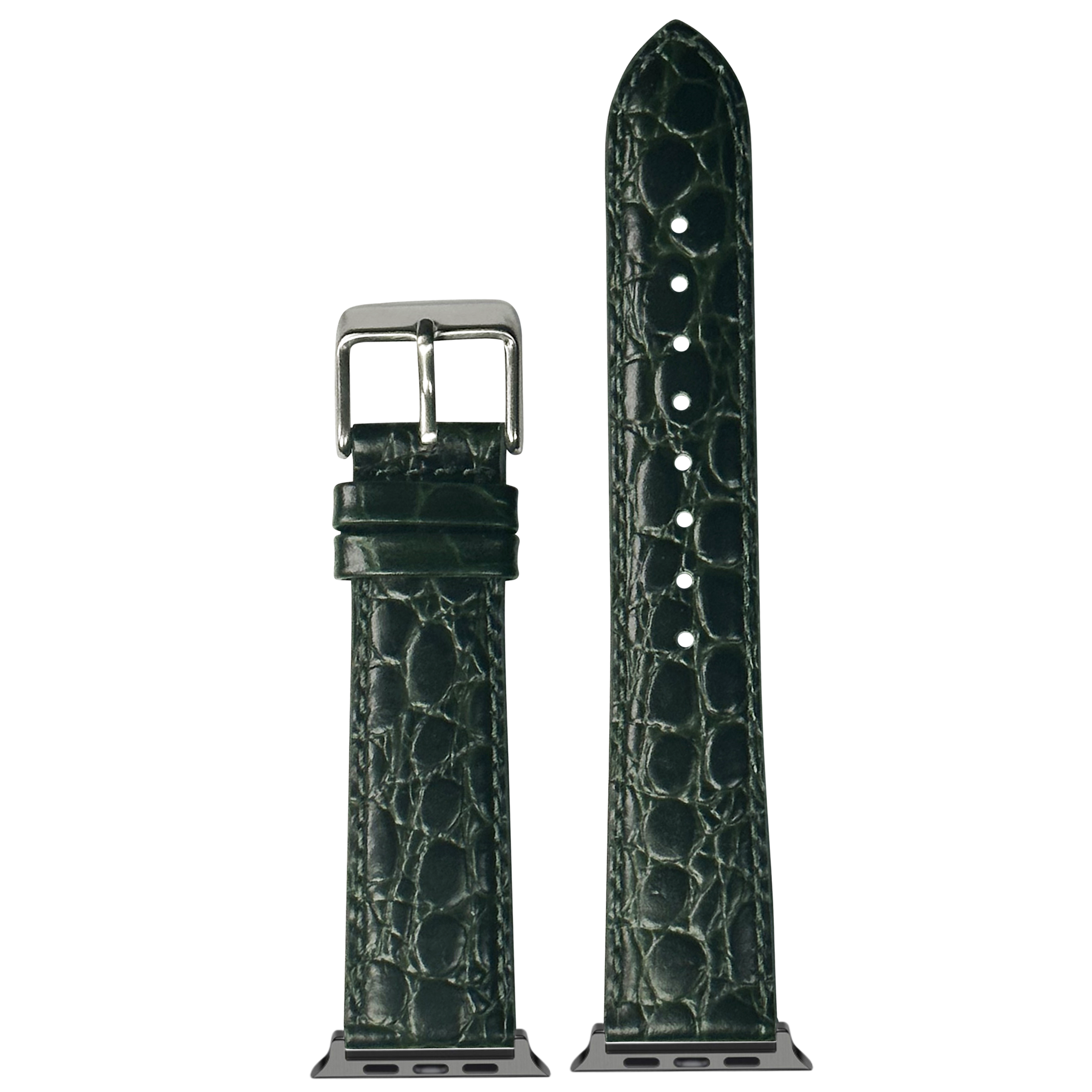 Dark green alligator leather Apple Watch band with silver buckle and white stitching detail
