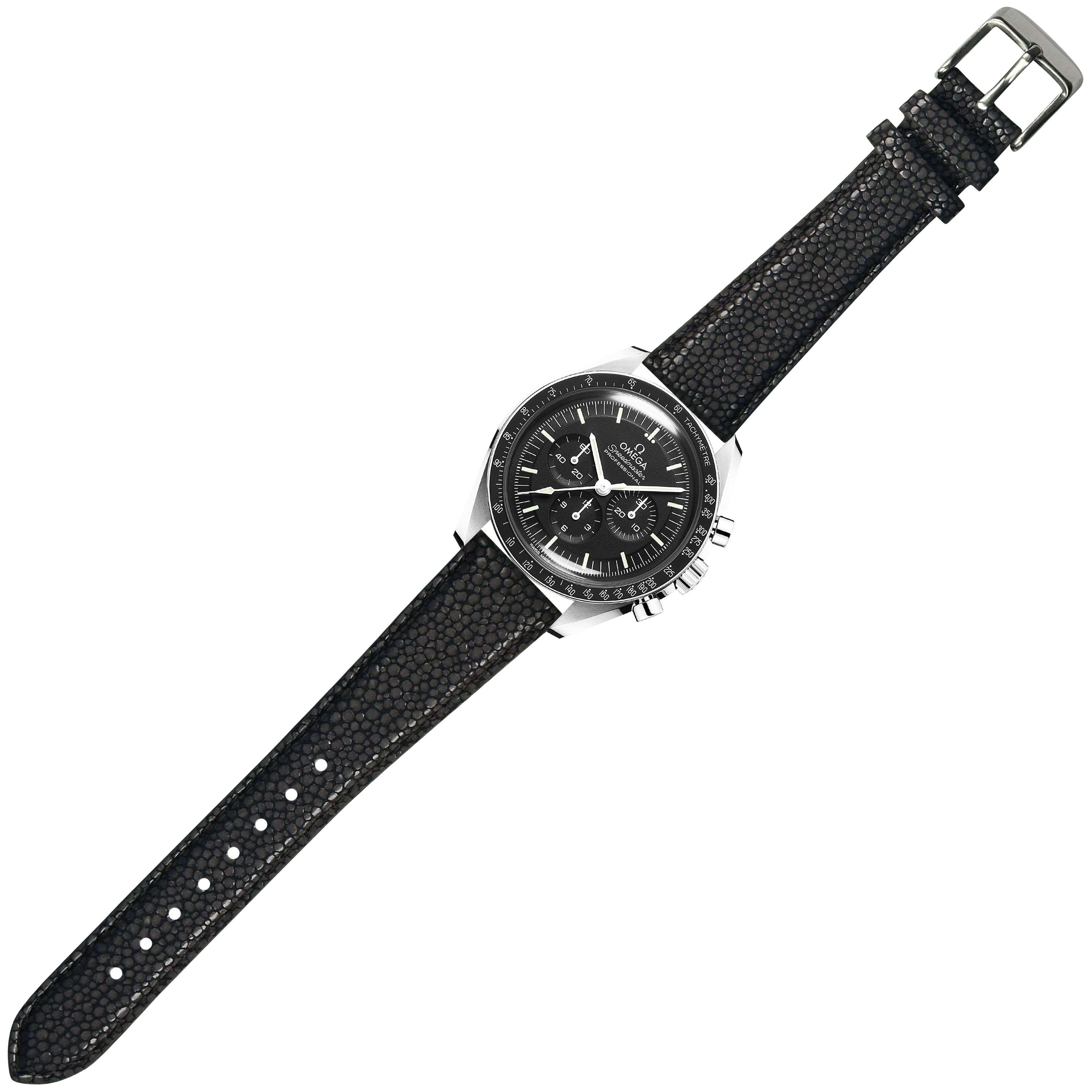 Classic chronograph watch with black dial and subdials, stainless steel case, and textured black faux stingray leather strap with quick release