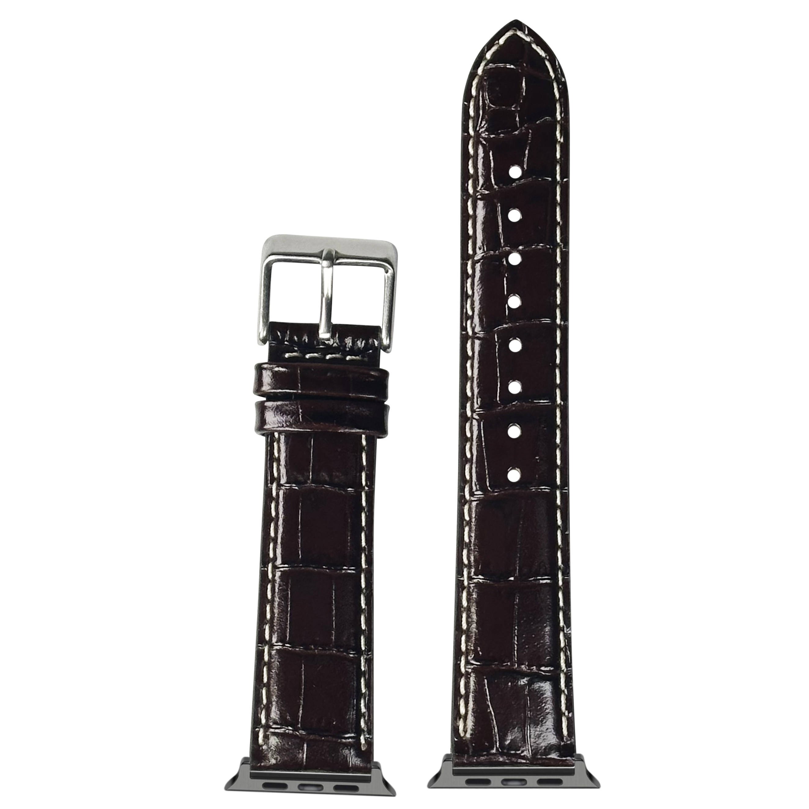 Dark brown alligator leather Apple Watch band with white contrast stitching and stainless steel buckle, shown assembled and unattached