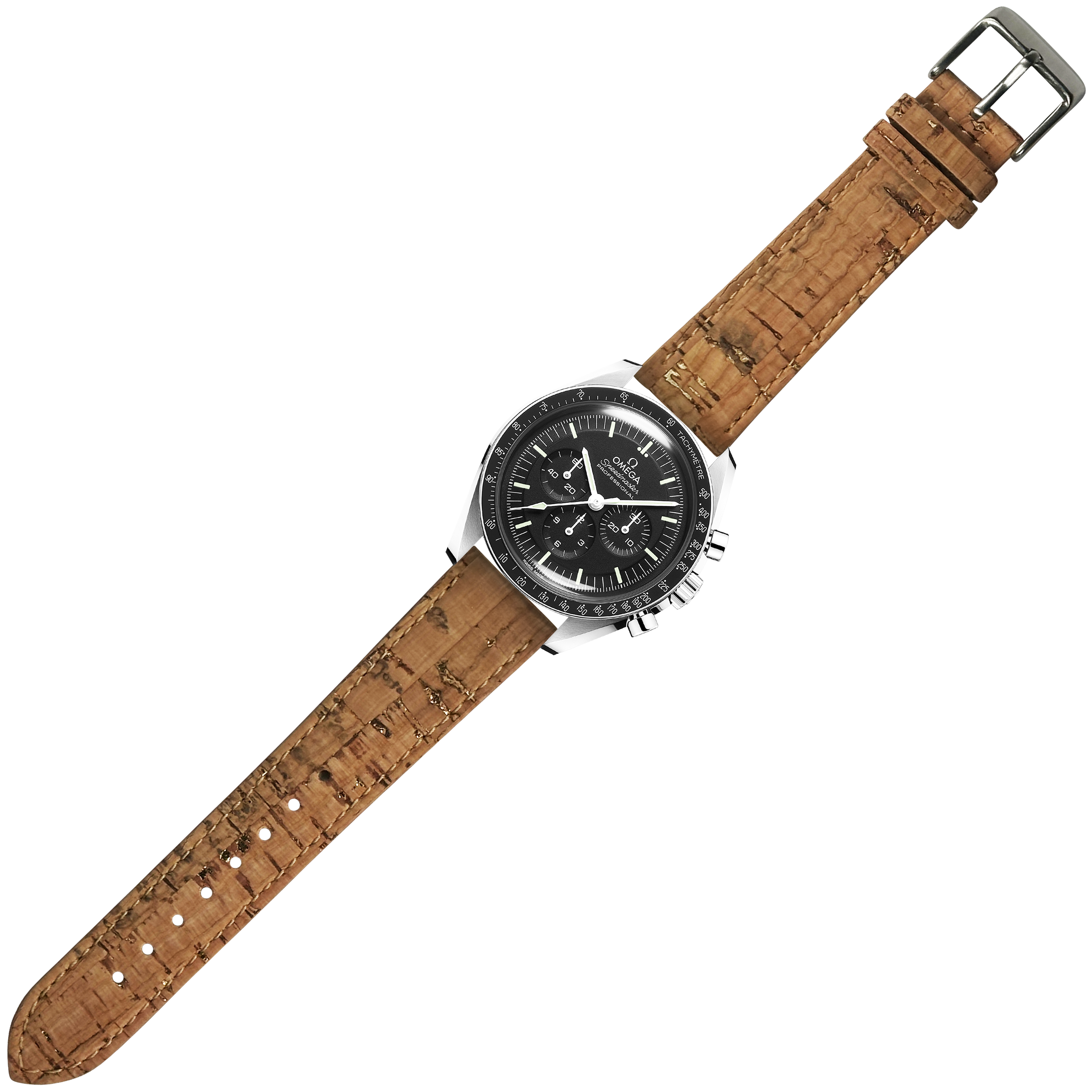 Stainless steel chronograph watch with black dial and brown cork vegan leather strap featuring silver buckle