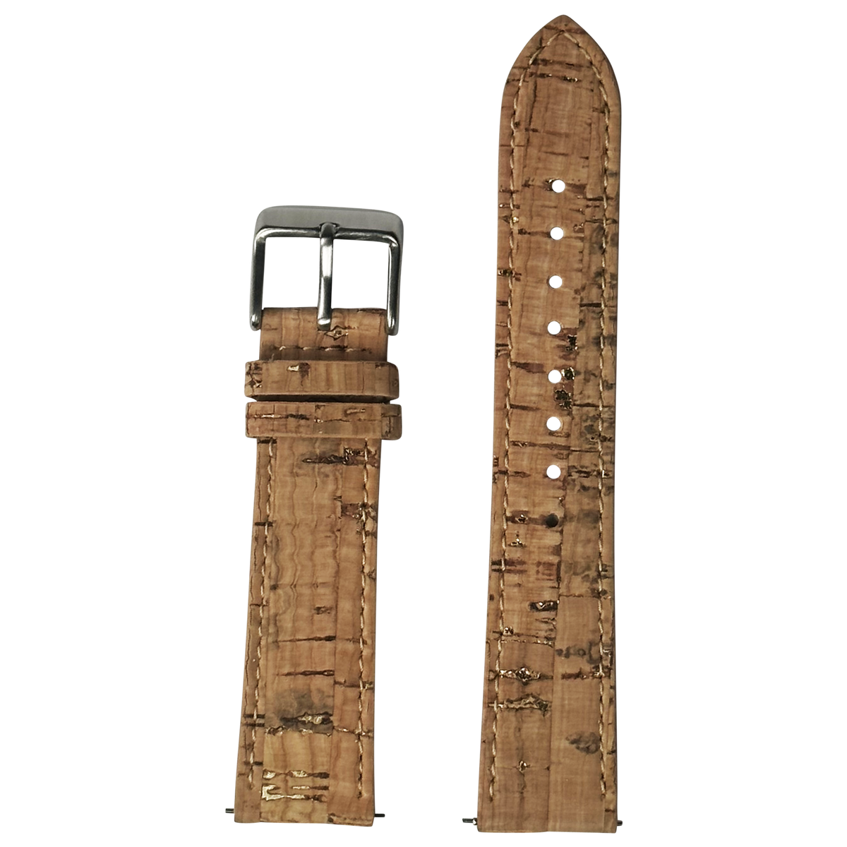 Brown cork vegan leather watch strap with metal buckle and white stitching, front and back view