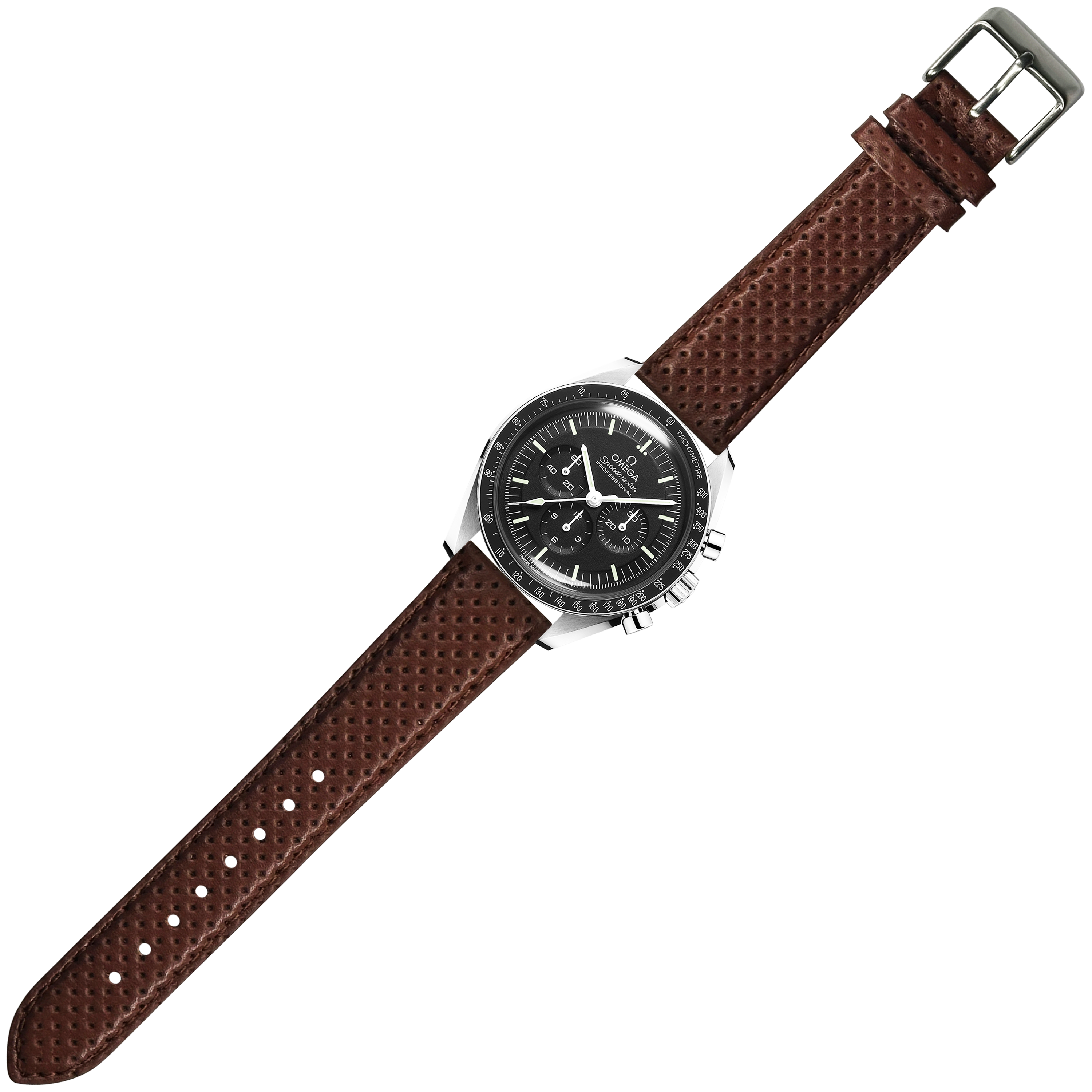 Silver chronograph watch with black dial and brown perforated leather racing strap with quick release buckle