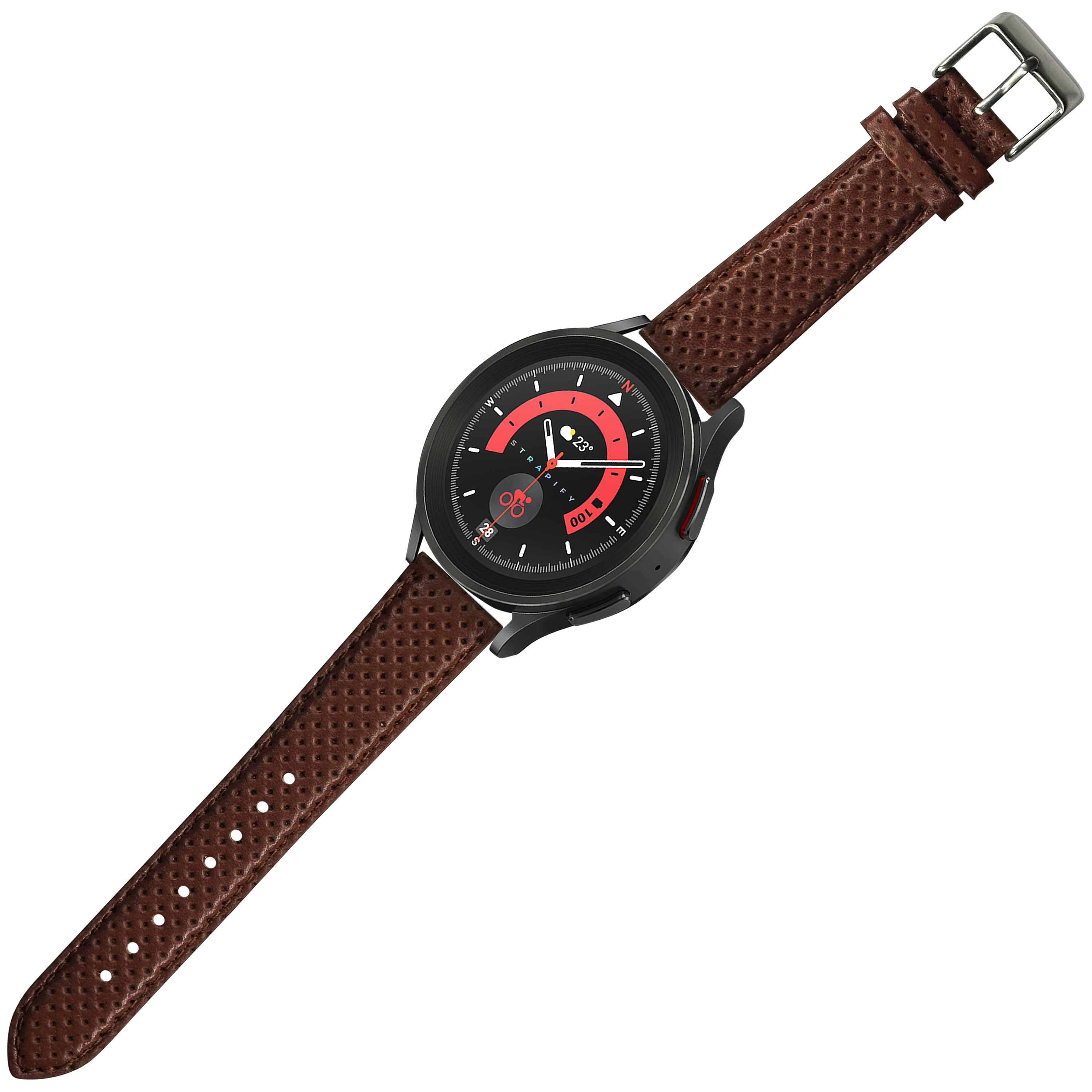 Black dial smartwatch with red accents, perforated brown leather racing strap and quick release buckle