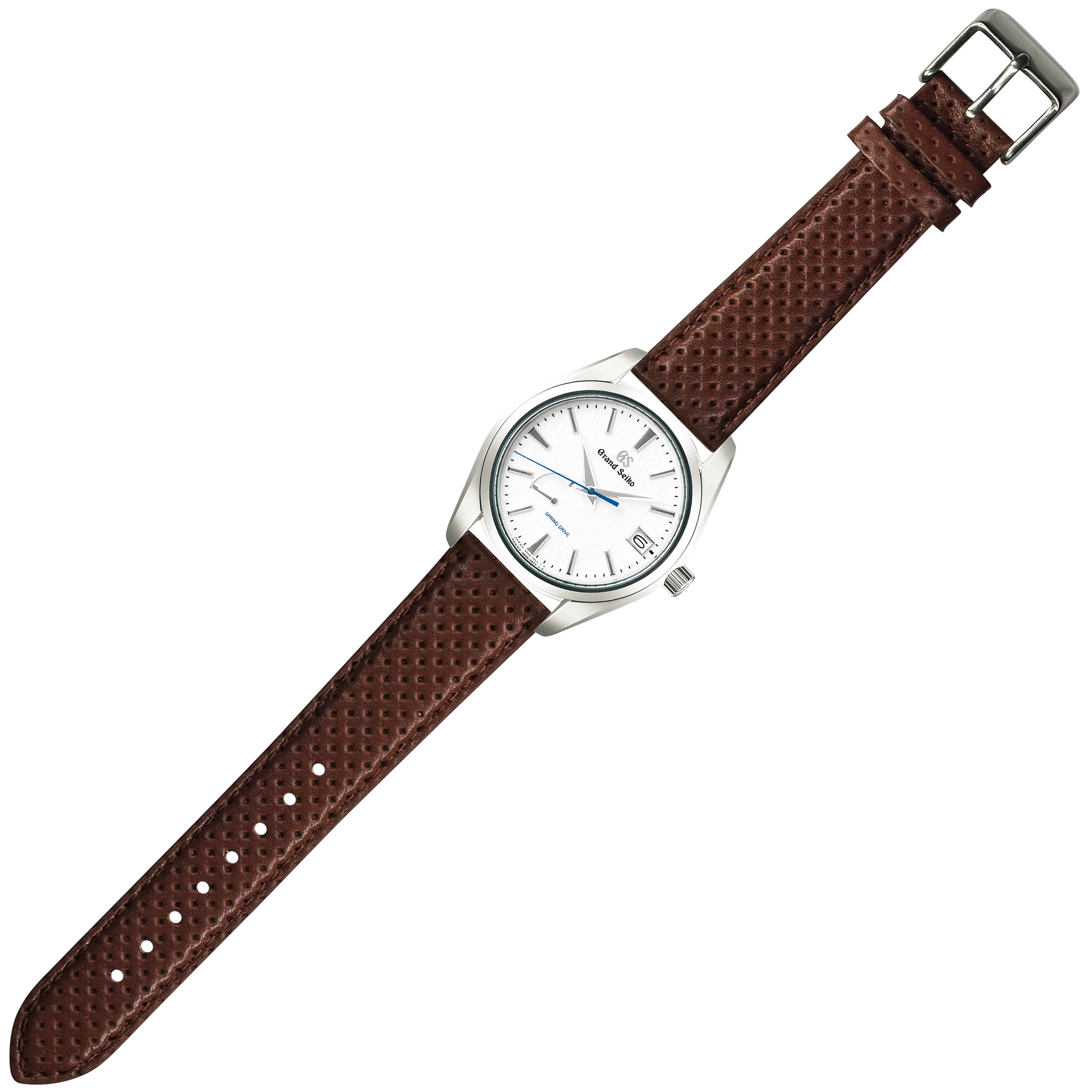 Silver-tone watch with white dial and blue hands, brown perforated leather racing strap with quick release buckle