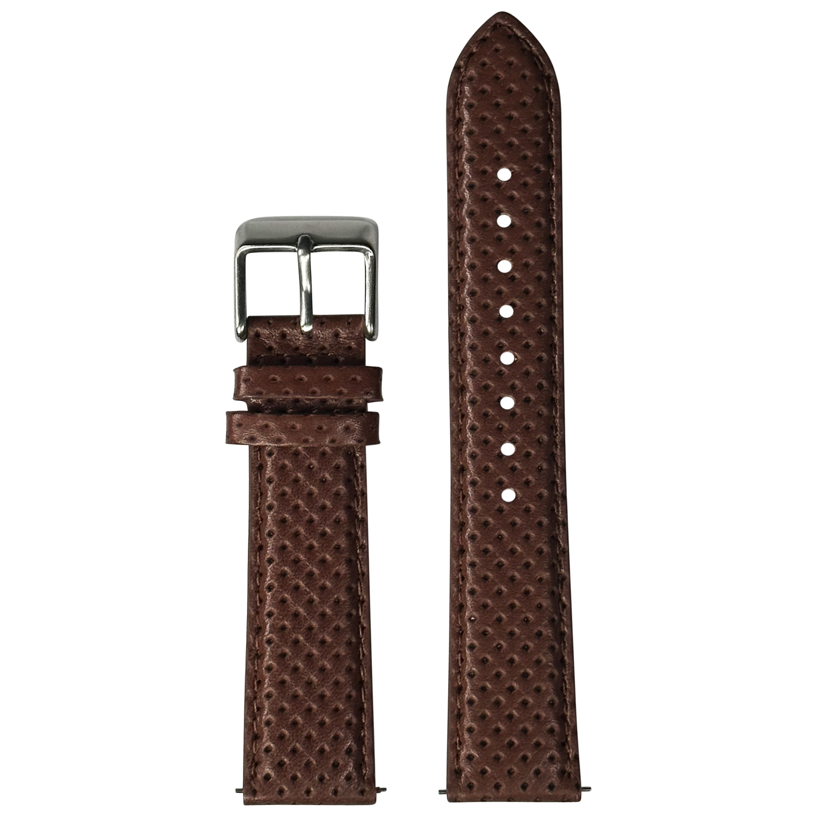 Brown perforated leather quick release watch strap with stainless steel buckle and white stitching