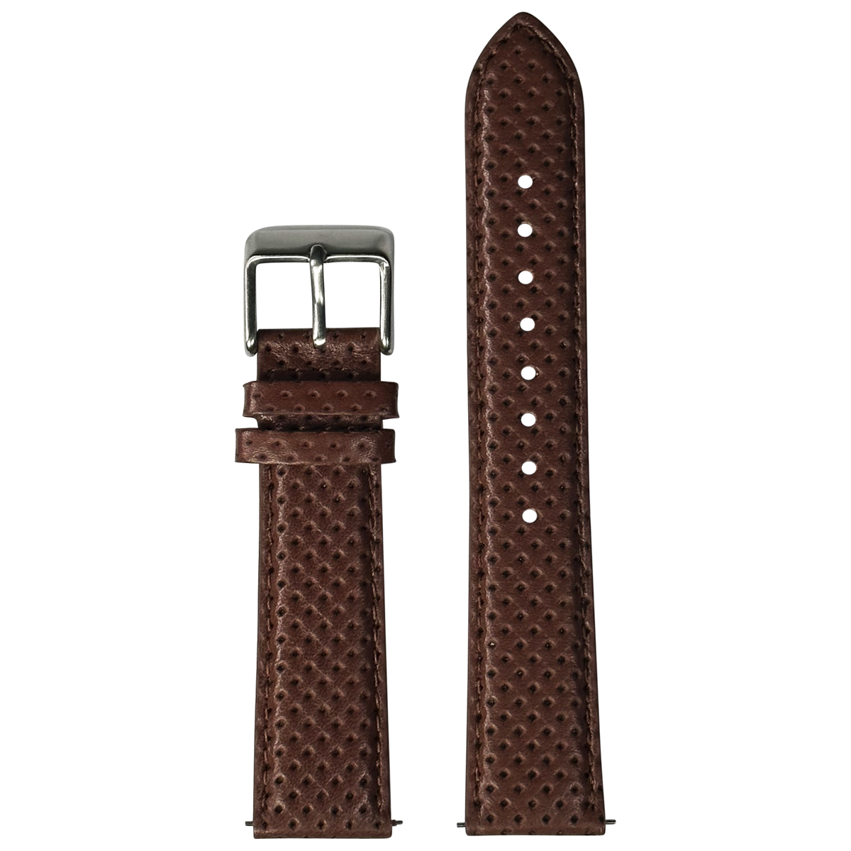 Brown perforated leather watch strap with stainless steel buckle, displayed flat showing stitching detail and adjustment holes
