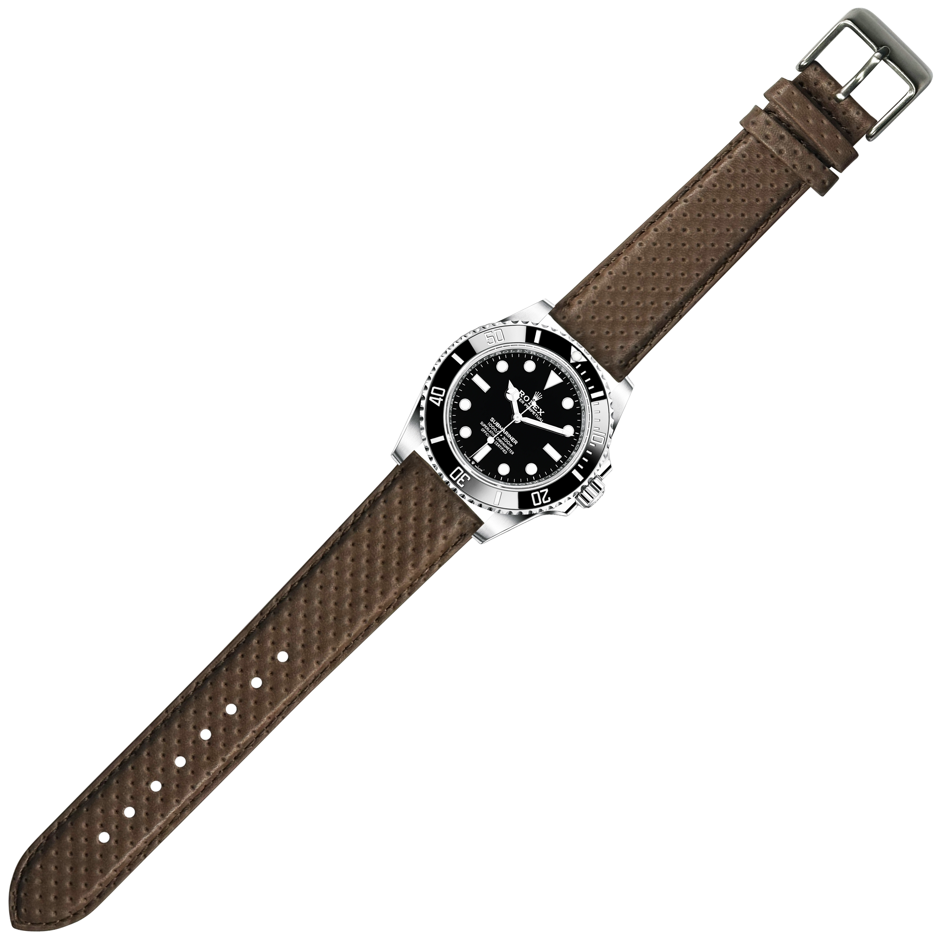 Stainless steel dive watch with black dial and brown perforated leather strap with pin buckle