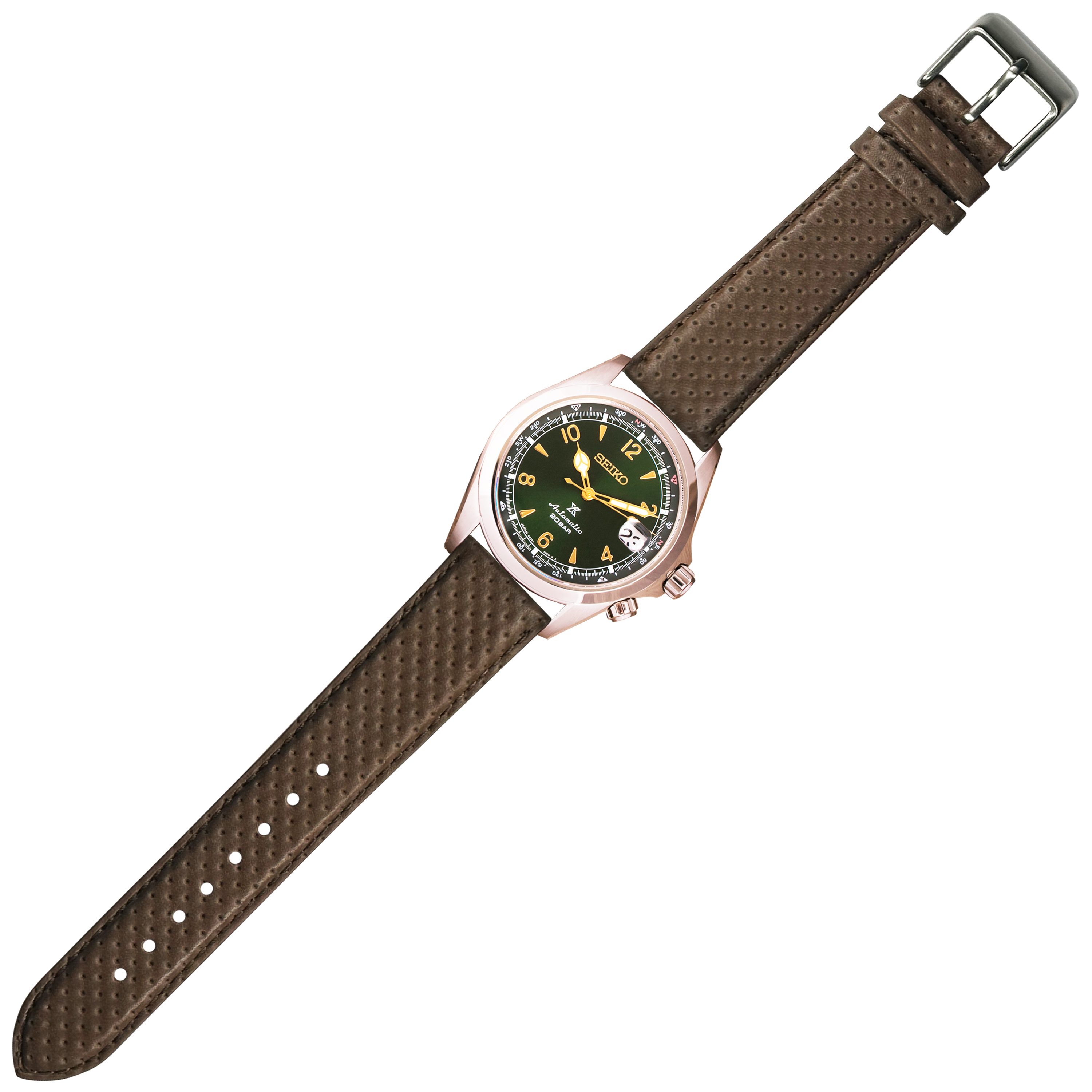 Brown perforated leather watch strap with stainless steel buckle and dark dial face showing yellow markers