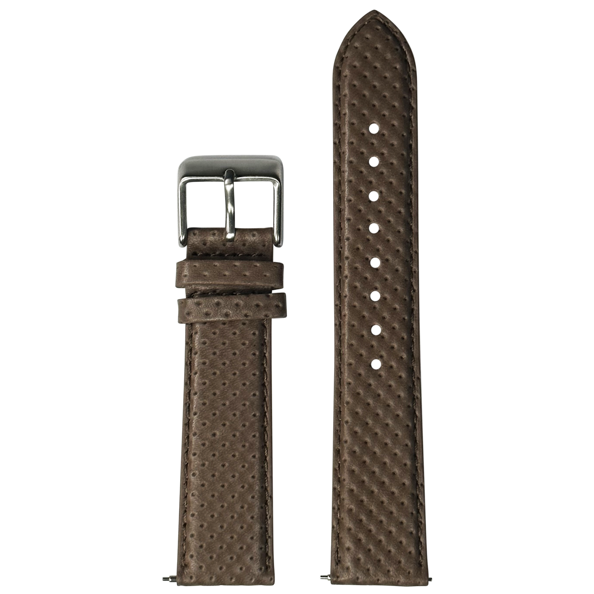 Brown perforated racing leather watch strap with silver buckle and adjustment holes, compatible with Galaxy Watch 8 and Ultra models