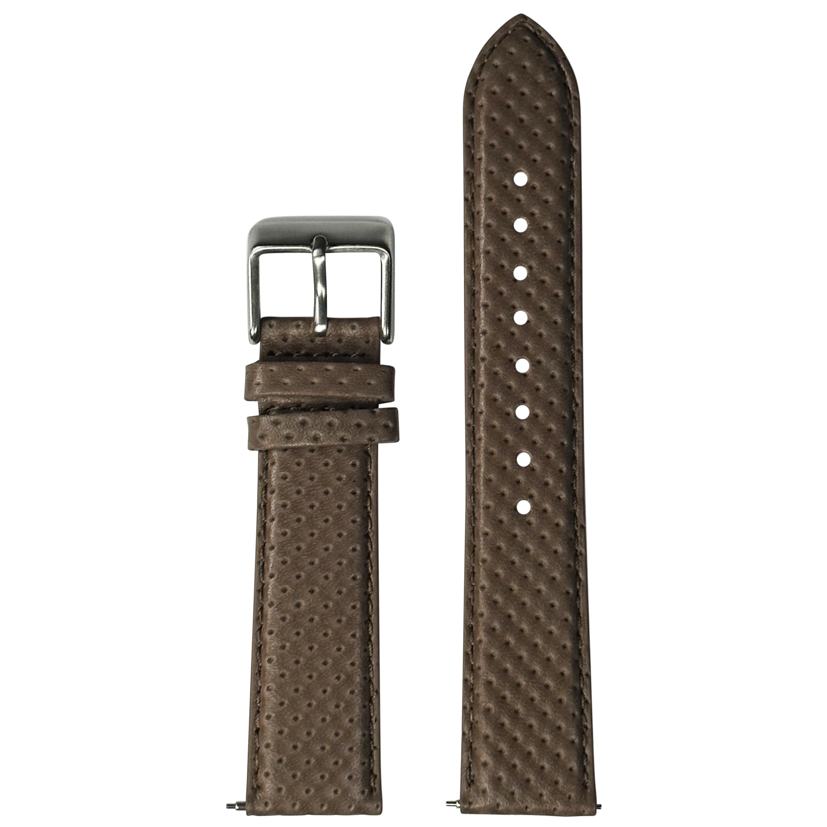 Brown perforated leather quick release watch strap with silver buckle and adjustment holes